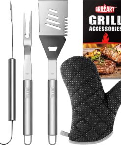 Grill Tools Grill Utensils Set - 3PCS BBQ Tools. Stainless Barbeque Grill Accessories - Spatula/Tongs/Fork. with Insulated Glove. Ideal BBQ Set Grilling Tools for Outdoor Grill. Gifts for Men