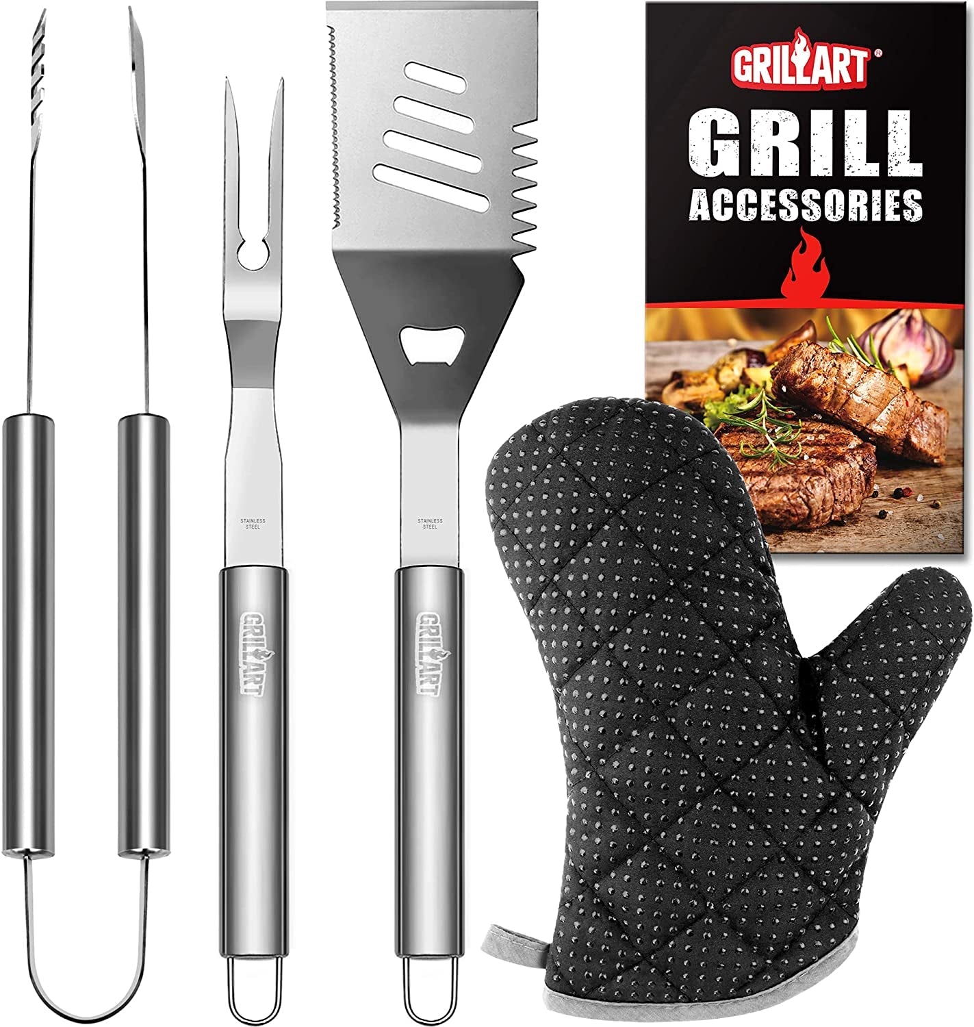 Grill Tools Grill Utensils Set - 3PCS BBQ Tools. Stainless Barbeque Grill Accessories - Spatula/Tongs/Fork. with Insulated Glove. Ideal BBQ Set Grilling Tools for Outdoor Grill. Gifts for Men