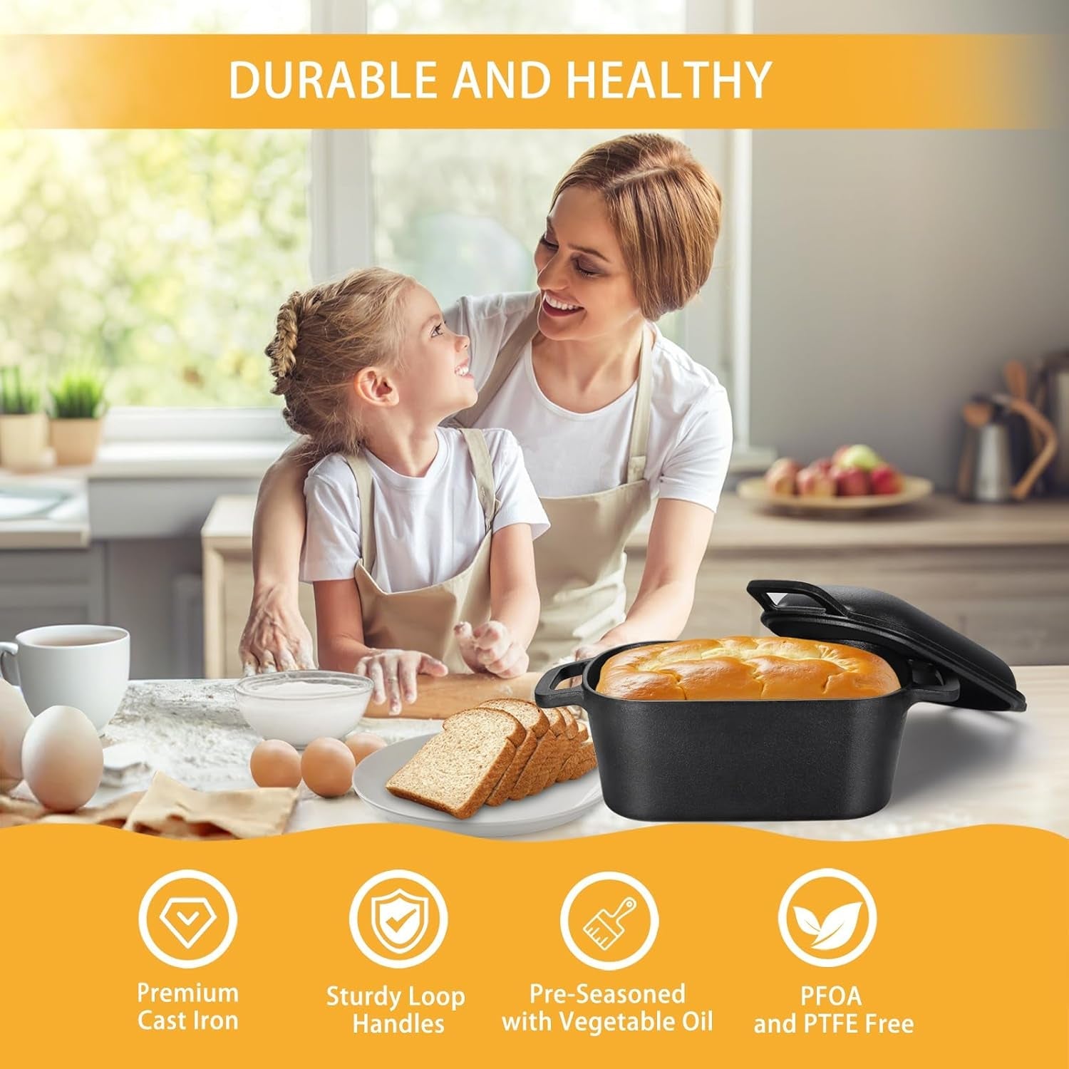 3.6QT Oval Dutch Oven for Bread Baking - Pre-Seasoned Cast Iron Sourdough Bread Pan with Lid - Image 6