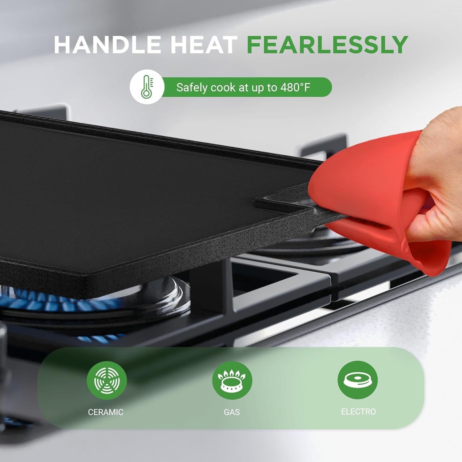 Nutrichef Cast Iron Reversible Grill Plate – 18 Inch Flat & Ridged Skillet Griddle Pan. Fits Two Burners. for Gas. Electric. Ceramic Stovetops. with Silicone Oven Mitt - Image 5