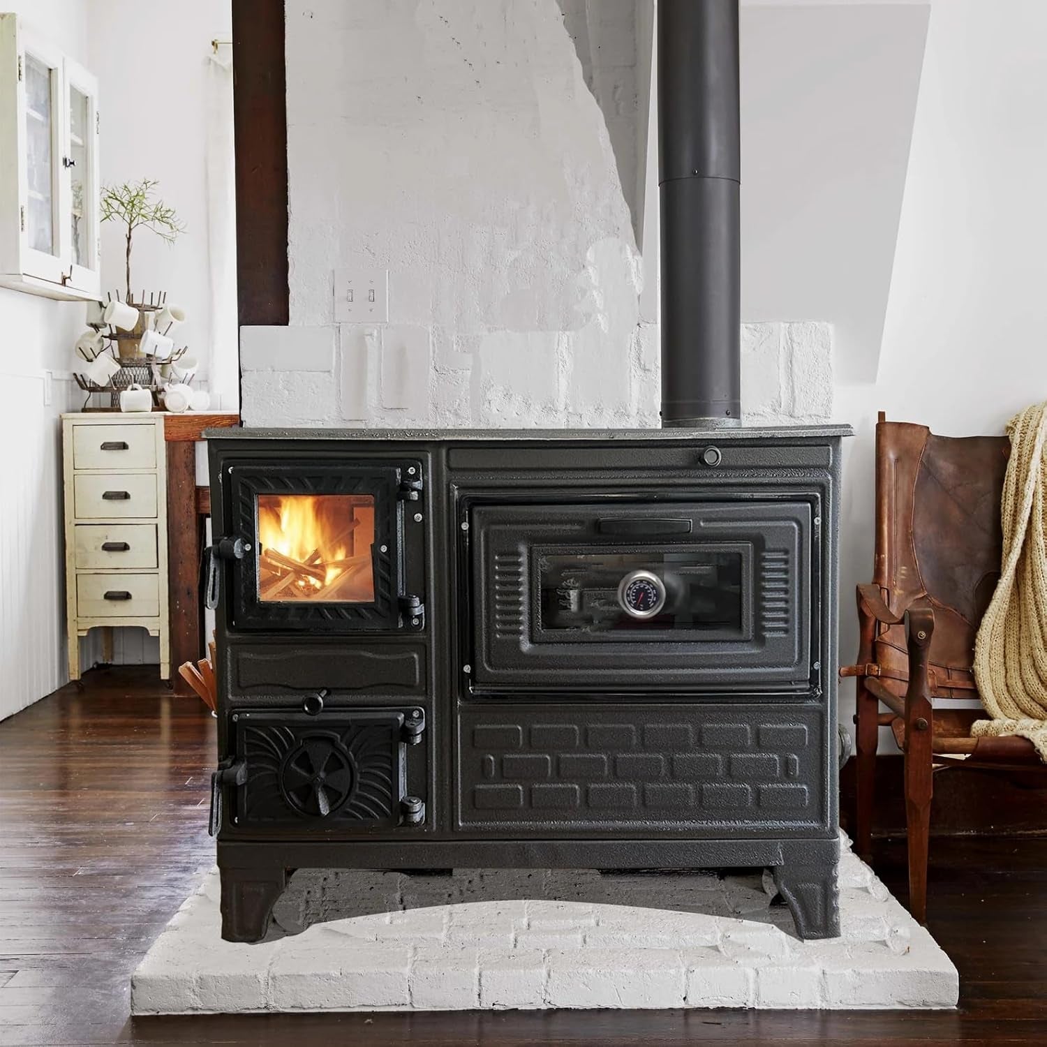 Cast Iron Stove with Oven. Durable Cast Baking Oven. Cooker Oven by Burning Wood. Warming Heater Stove. Oven Section with Thermometer. Brick Lined Fireplace Made in Turkiye (Black-With-Window) - Image 2