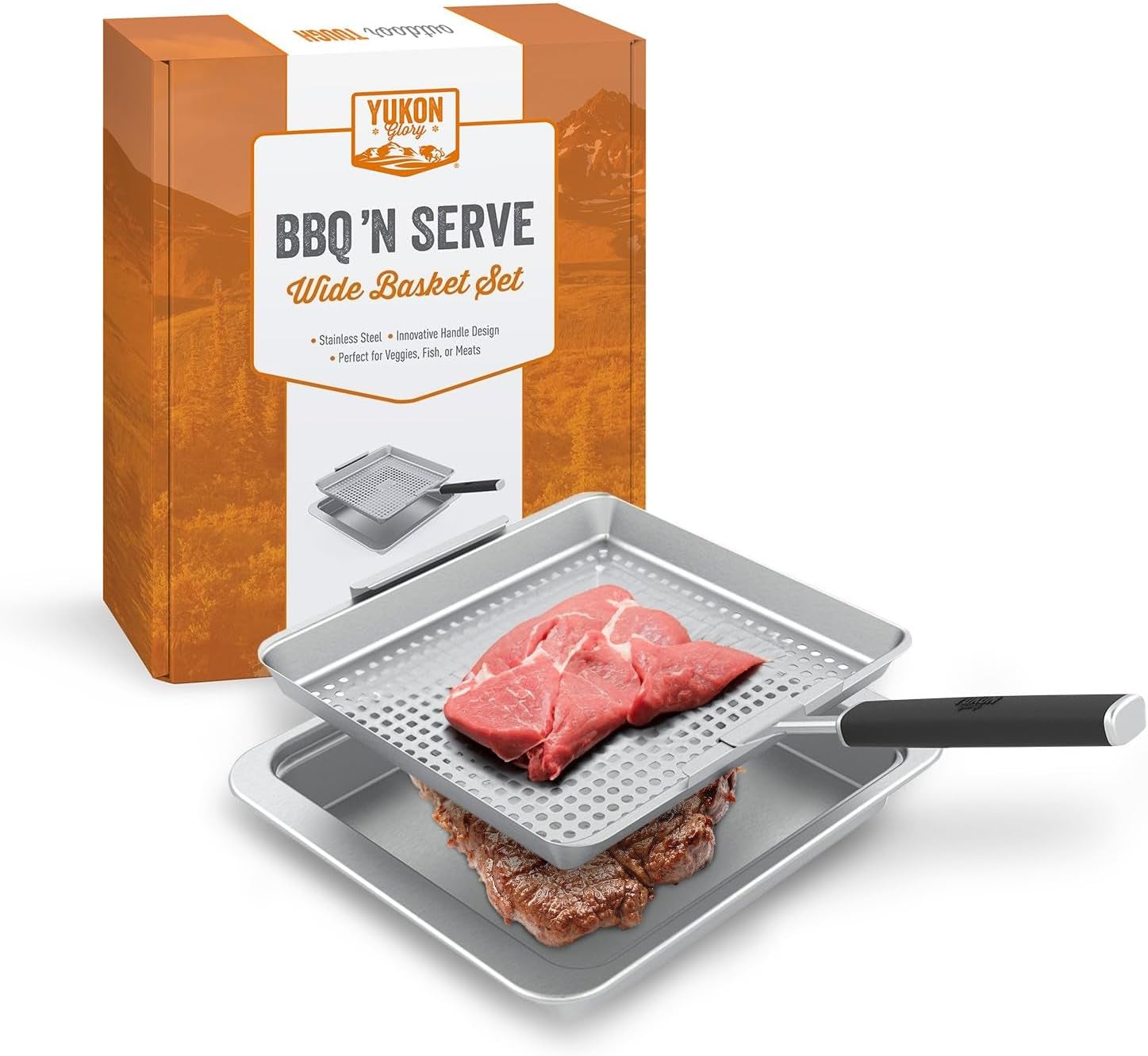 Yukon Glory™ BBQ 'N SERVE Wide Basket Set - BBQ Grill Basket - the Grilling Basket Includes a Serving Tray & Clip-On Handle - Perfect Grill Baskets for Outdoor Grill Vegetables or Fish Basket & Meat