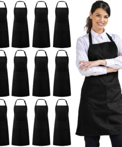 12 Pack Bib Apron. Unisex Aprons Adjustable Waterdrop Resistant with 2 Pockets Cooking Kitchen Apron for Chef. BBQ Drawing Apron Bulk. Black