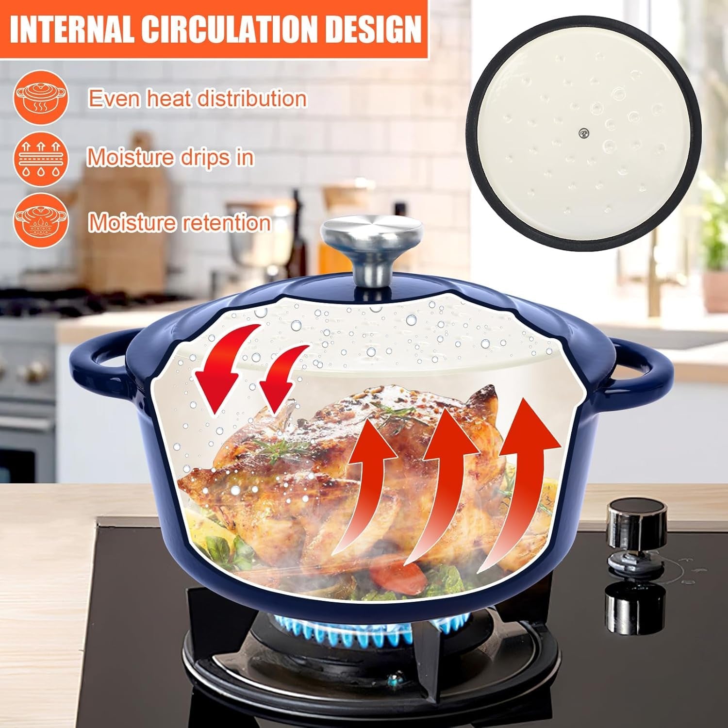 Nonstick Enameled Cast Iron Cookware Set. 8-Pcs Pots and Pans with Lid. Frying Pan Skillet. Sauce Pan. Healthy round Dutch Oven Pot for Sourdough Bread Baking on All Stovetop. Come with Organizer.Navy - Image 3