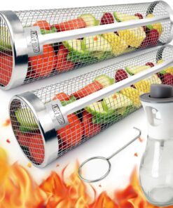 [Upgraded] Grill Basket 2 Pcs (Size XL). Dishwasher Safe Rolling Grilling Baskets for Outdoor Grilling. Stainless Steel BBQ Grill Basket for Veggies. Grill Nets Cylinder. Gifts for Men/Dad