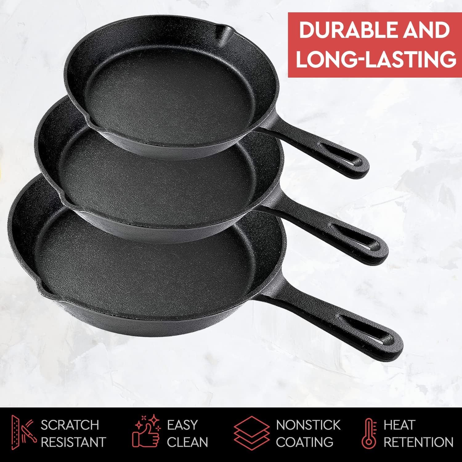 Cast Iron Skillet 3-Piece Set - Heavy-Duty Professional Restaurant Chef Quality Pre-Seasoned Pan Cookware Set - 10. 8. 6 Pans - for Frying. Saute. Cooking. Pizza & More.Black - Image 2