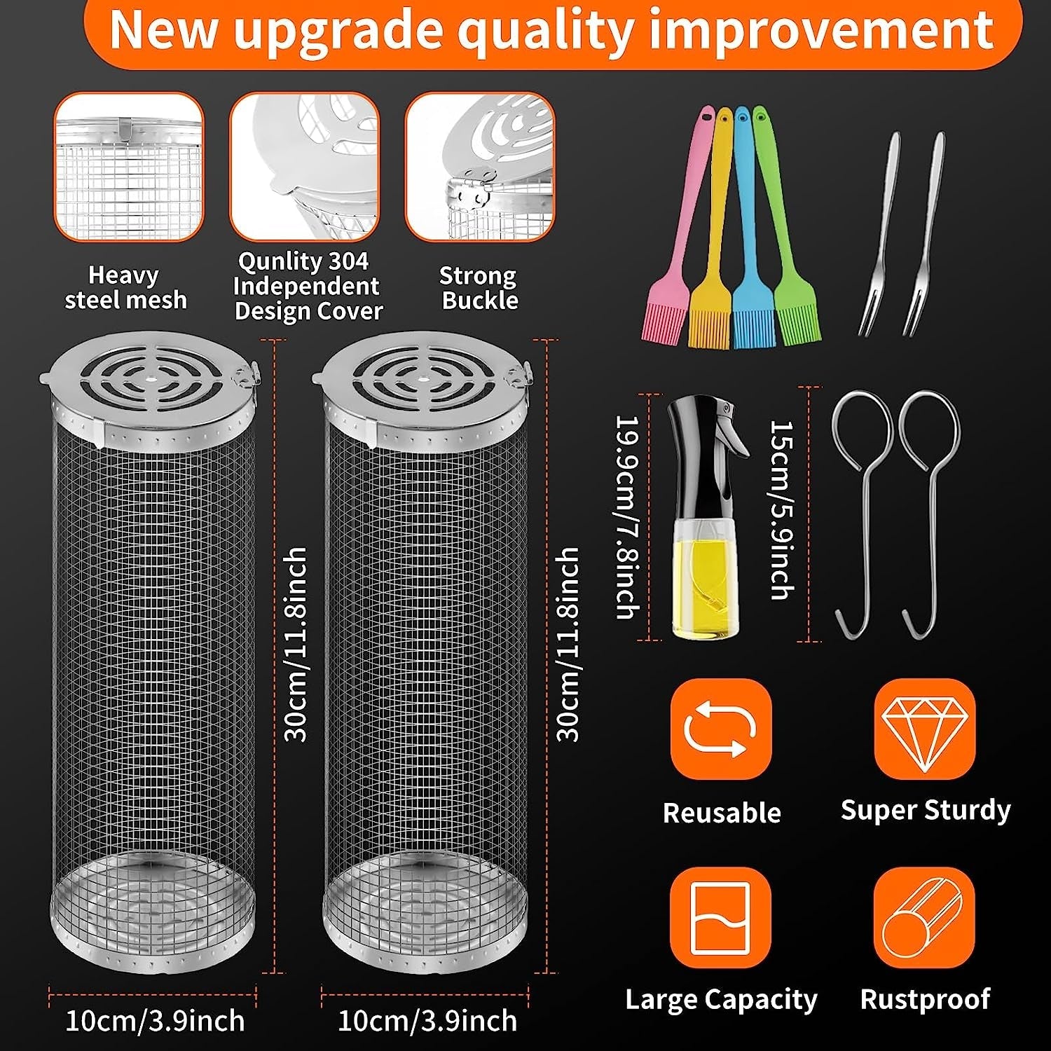 Wrakus Rolling Grilling Baskets for Outdoor - Grill Grate Charcoal round BBQ Stainless Steel Basket Campfire Grid Camping Picnic Cookware 1 (2PCS 300 * 90 90Mm) - Image 3