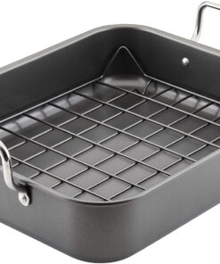 Rachael Ray Bakeware Nonstick Roaster/Roasting Pan with Reversible Rack. 16.5 Inch X 13.5 Inch. Gray