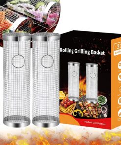 Grill Basket 2 PCS. BBQ Grill Basket. Rolling Grilling Basket. Stainless Steel Grill Mesh Barbeque Grill Accessories. Portable Grill Baskets for Outdoor Grill for Fish. Shrimp. Meat. Vegetables. Fries