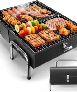 Portable Charcoal Grill. Table Top Small BBQ Grill for Outdoor. Camping. Beach. Easy Assembly. Heavy Duty & Multi-Use Small Grill. Black (270 Sq.In)
