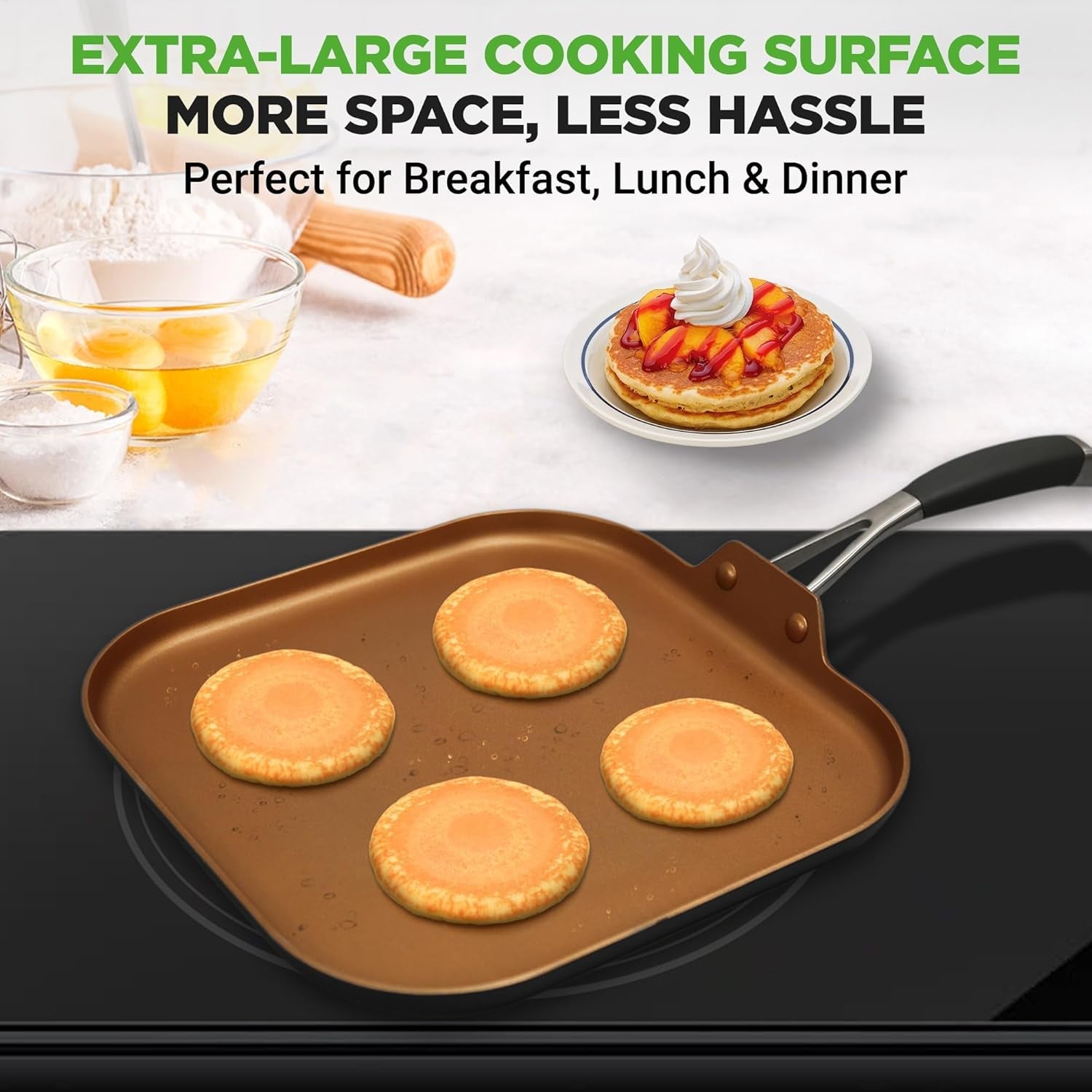 Nutrichef Copper Pan Non-Stick Coating Inside. Hard-Anodized Look Heat Resistant Lacquer Outside. Silicone Handle NCSQPA. 1 Griddle - Image 6