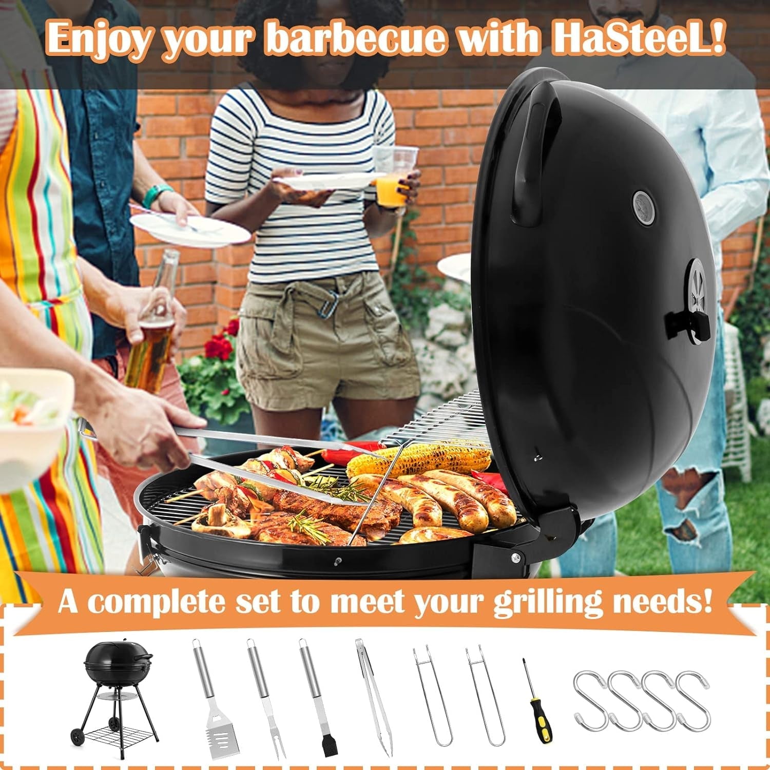 22-Inch Charcoal Kettle Grill Set of 12. Hasteel 2 Layer Grilling Racks Outdoor BBQ Grill. Heavy Duty Large Enameled Grills with Grilling Accessories for Camping Backyard Picnic. Barbecue Spatula - Image 7