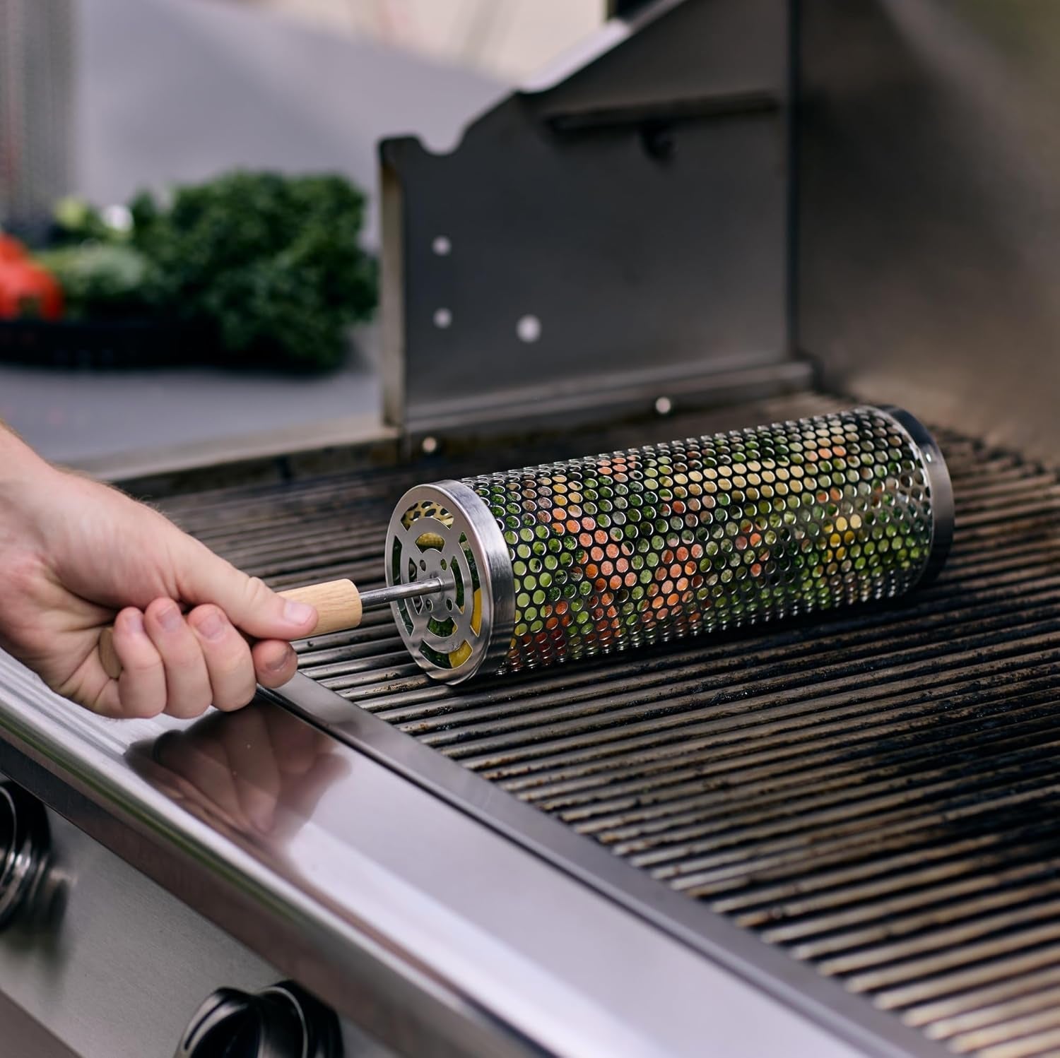 2Pcs Large Nesting Rolling Grill Baskets for Outdoor Grill. USA Based. Commercial Grade. 304 Stainless Steel BBQ round Grilling Baskets with Wood Handles Set with Oil Pourer/Brush and Grill Glove - Image 5