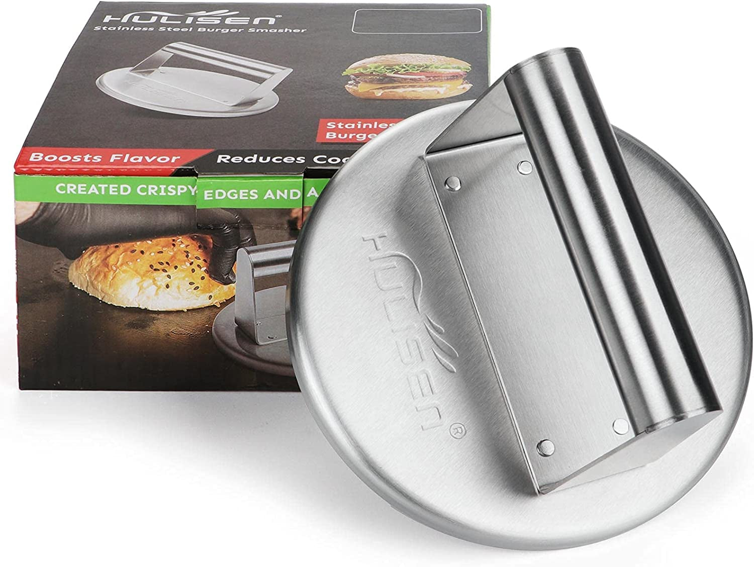 HULISEN Stainless Steel Smashed Burger Press. 6 Inch round Burger Smasher. Griddle Hamburger Press. Non Stick Grill Press for BBQ Griddle Cooking. Griddle Accessories Kit. Gift Package - Image 8