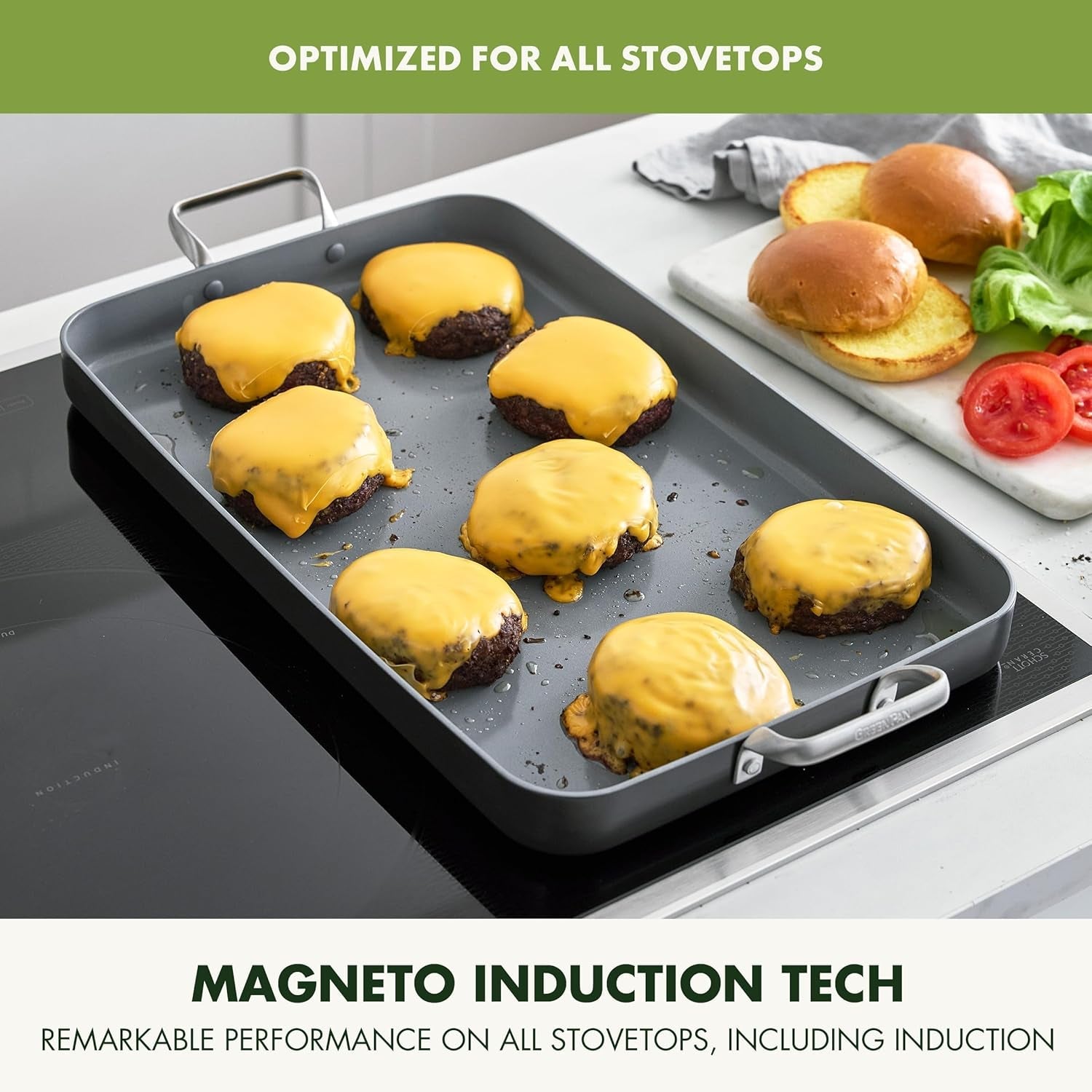 Greenpan Valencia Pro 18 X 11 Double Burner Griddle Pan. Induction Suitable. Ceramic Nonstick Pfas-Free. Rectangular Stovetop Cookware. Stainless Steel Handles. Dishwasher. Oven & Broiler Safe. Gray - Image 6