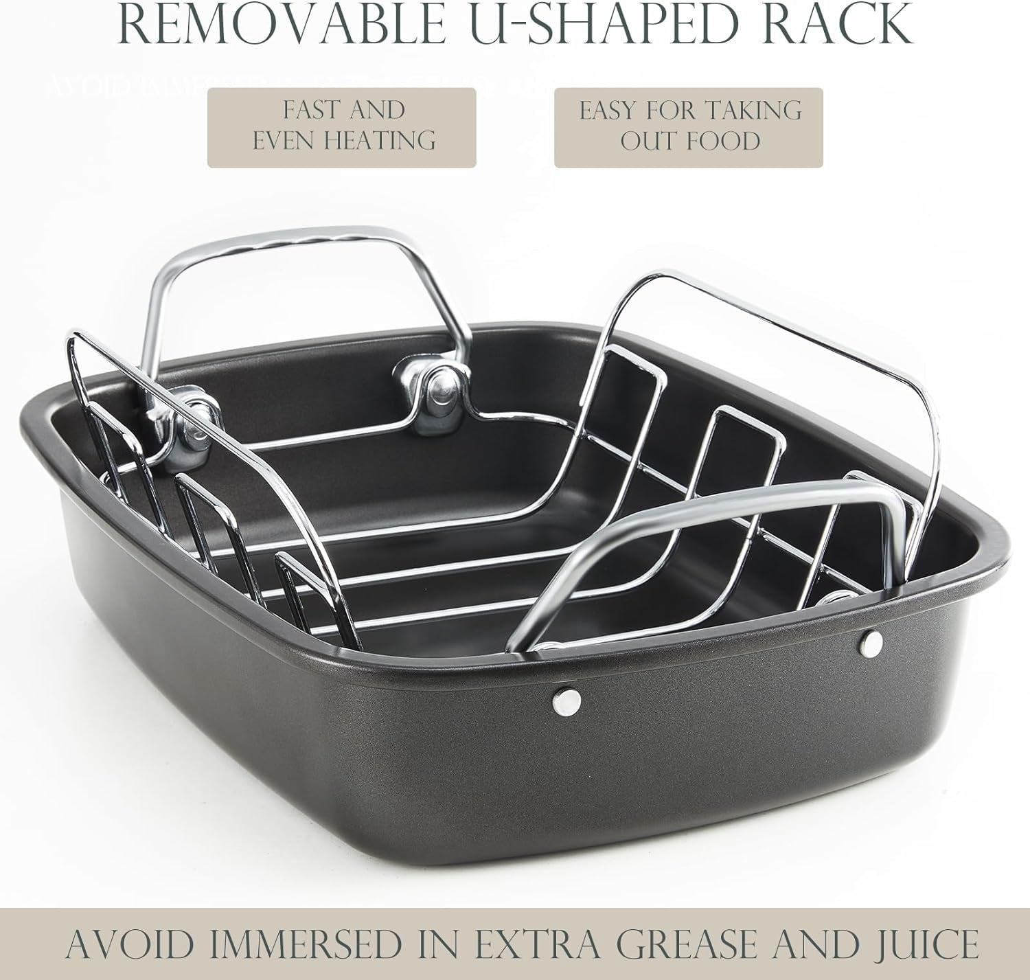 KITESSENSU Nonstick Turkey Roasting Pan with Rack 17 X 14 Inch - Large Chicken Roaster Pan for Oven - Wider Handles & Heavy Duty Construction - Suitable for 24Lb Turkey. Gray - Image 5