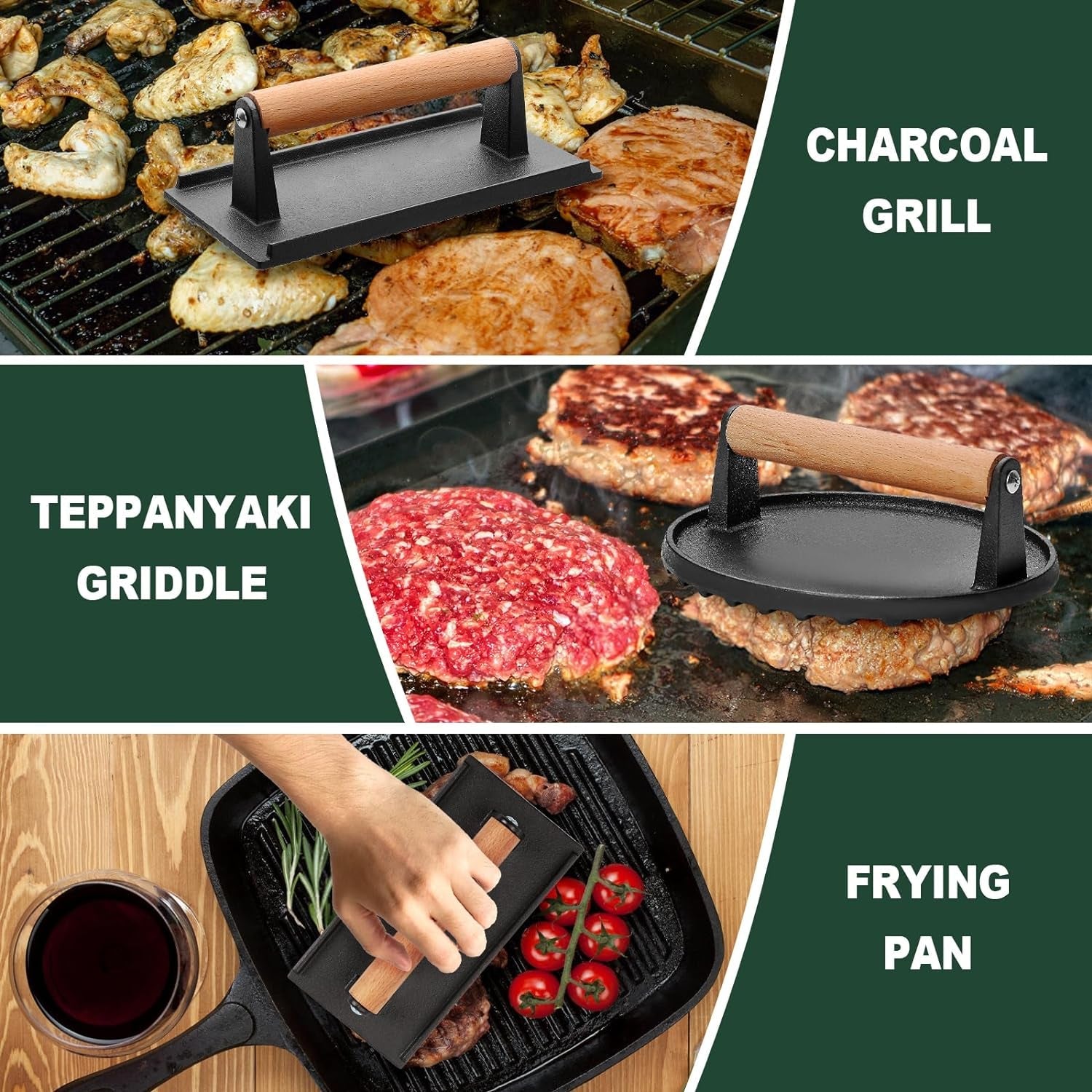 CEKEE 2PCS Burger Press. 7 round & 8.2X 4.3 Rectangle. Heavy-Duty Cast Iron Grill Press with Wood Handle. Smash Burger Press Perfects for Blackstone Griddle. Flat Tops. Grills & Camp Chef - Image 6