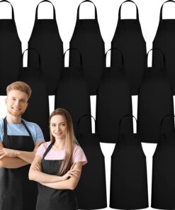 12 Pack Bib Apron - Unisex Black Aprons. Machine Washable Aprons for Men and Women. Kitchen Cooking BBQ Aprons Bulk (Pack of 12. No Pockets. Black)