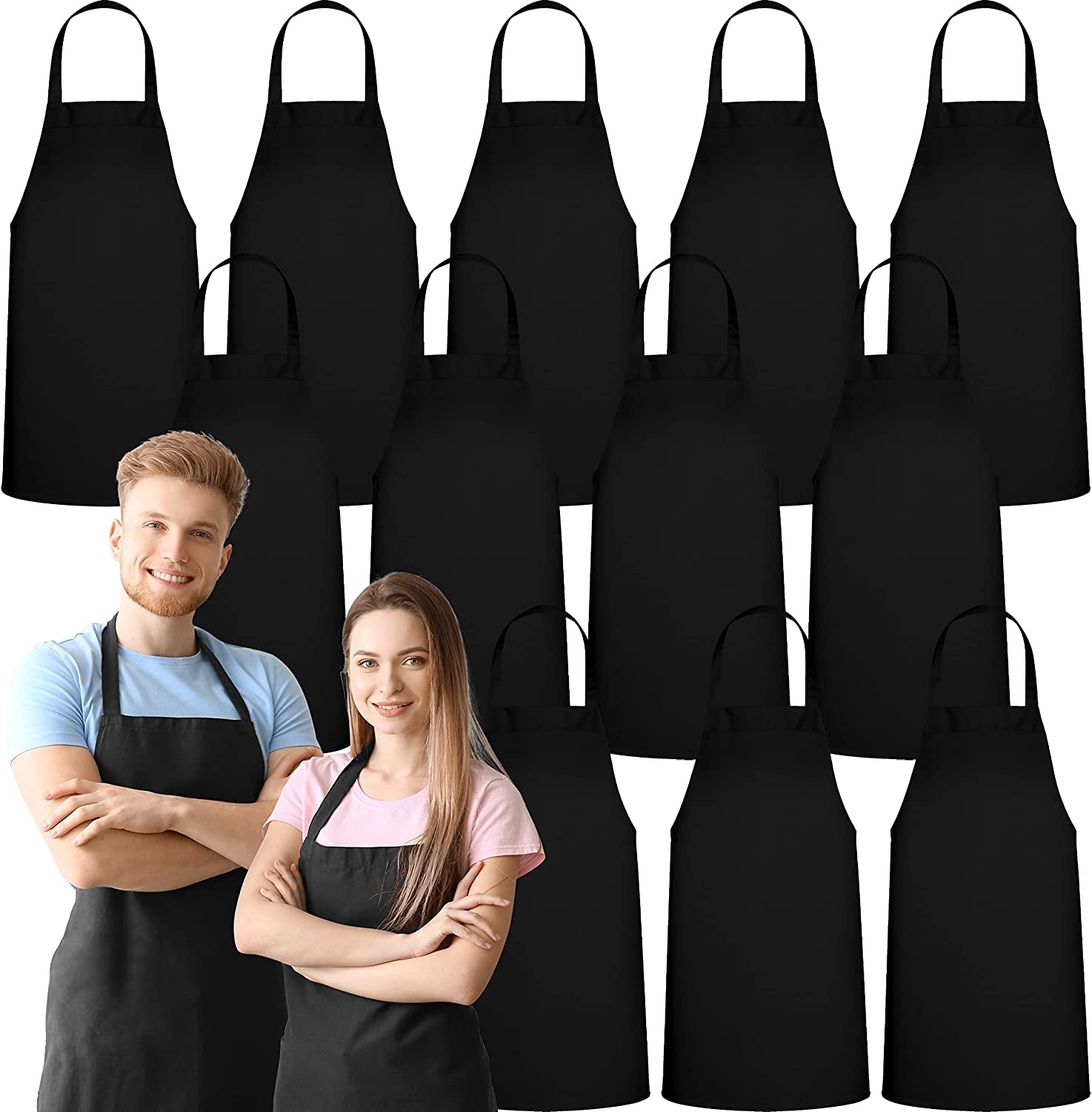12 Pack Bib Apron - Unisex Black Aprons. Machine Washable Aprons for Men and Women. Kitchen Cooking BBQ Aprons Bulk (Pack of 12. No Pockets. Black)