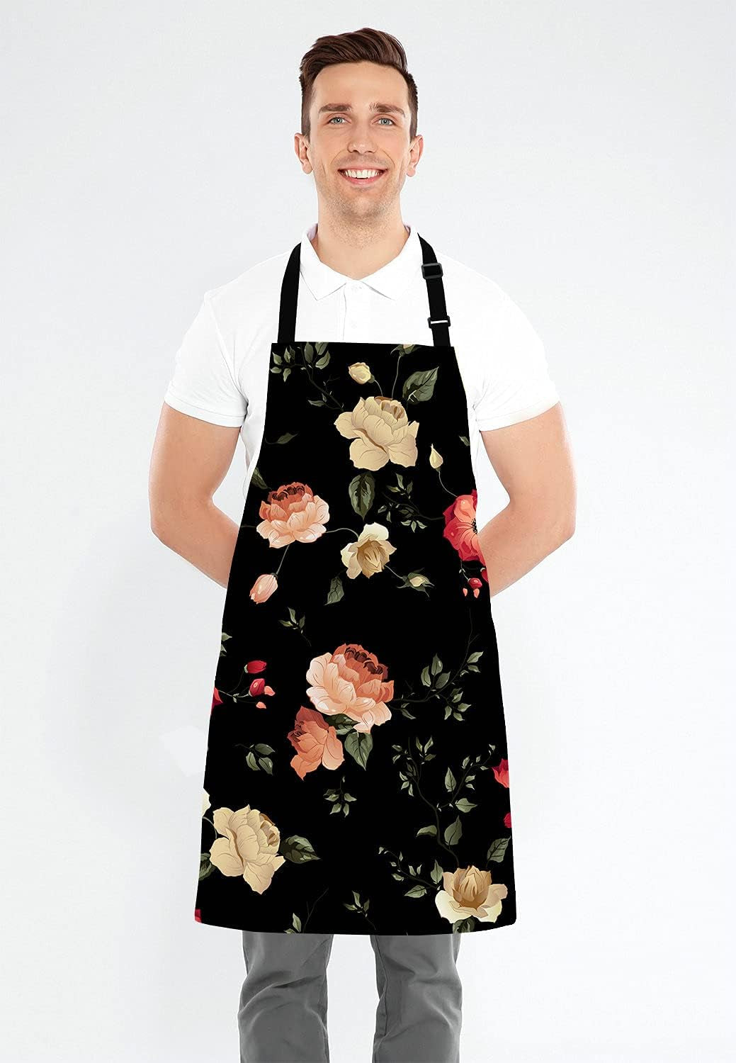 Watercolor Floral Pattern with of Roses Adjustable Bib Apron Kitchen Cooking Baking Gardening Apron for Women Men - Image 4