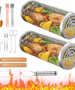 2 PCS Rolling Grilling Baskets for Outdoor Grill BBQ. Stainless Steel Cylinder Grill Mesh Barbeque Grill Accessories. Outdoor round BBQ Stainless Steel Grill Basket Campfire Grill Grid
