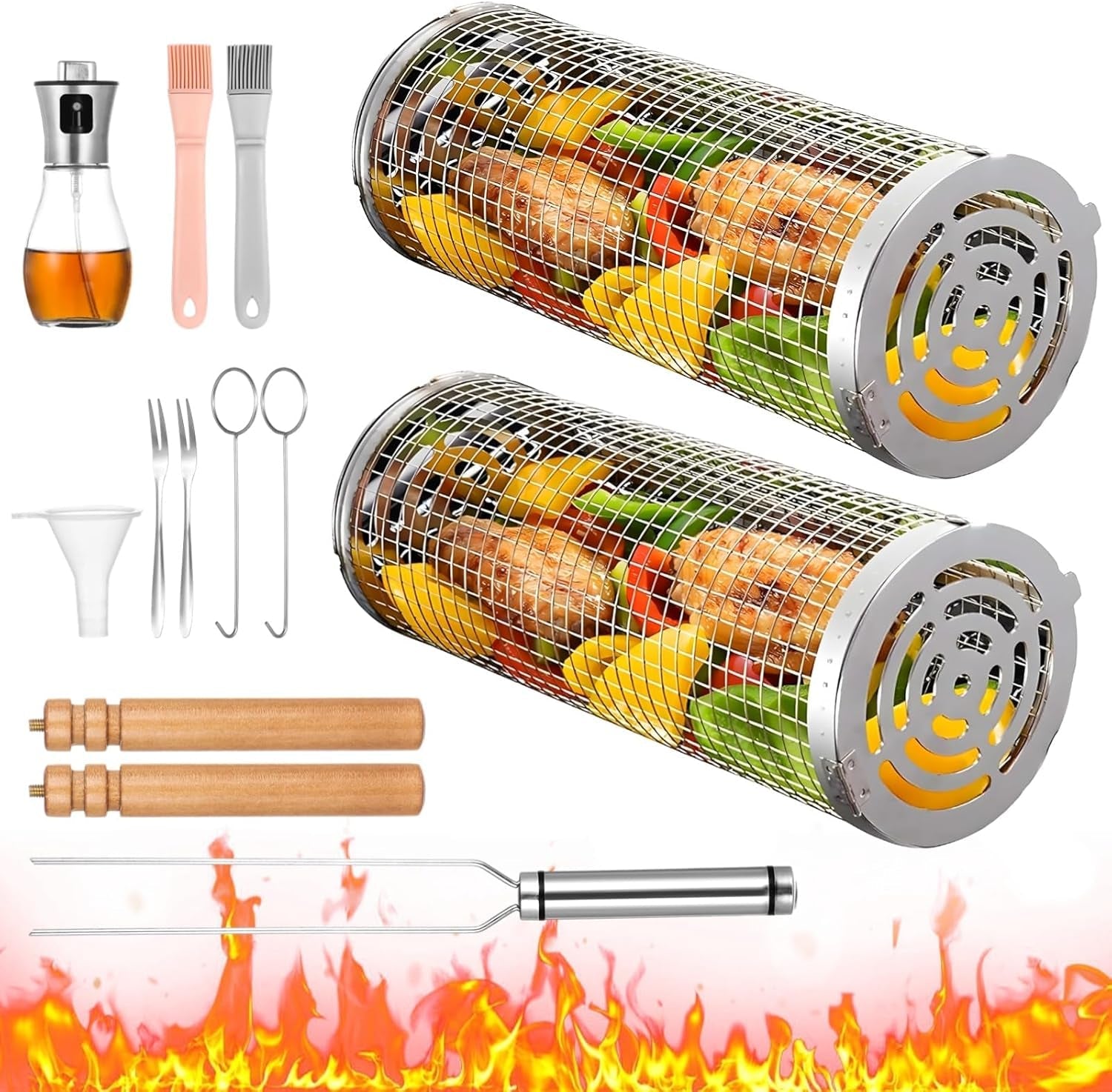 2 PCS Rolling Grilling Baskets for Outdoor Grill BBQ. Stainless Steel Cylinder Grill Mesh Barbeque Grill Accessories. Outdoor round BBQ Stainless Steel Grill Basket Campfire Grill Grid - Image 7