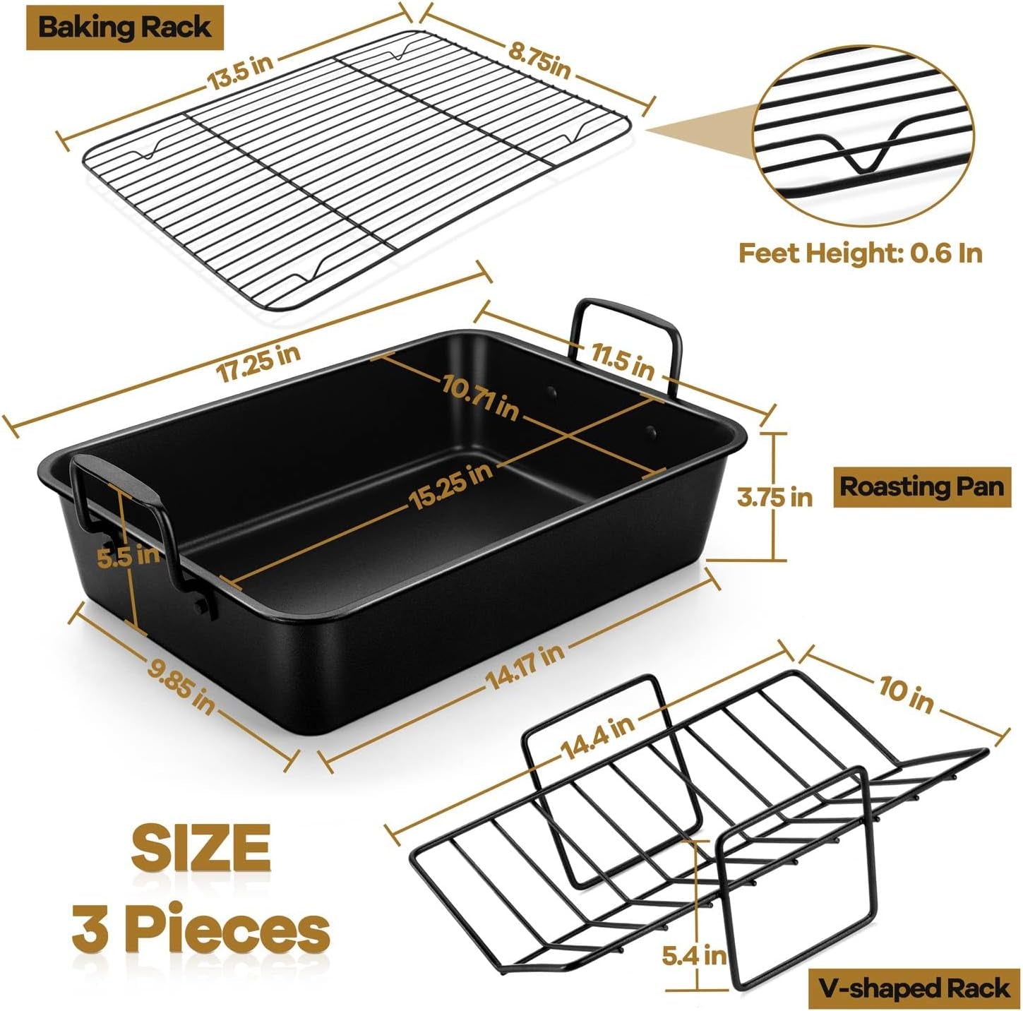 Large Roasting Pan with Rack Set of 3. P&P CHEF 15¼ Turkey Roaster Pan & V-Shape Baking Rack & Cooling Rack for Chicken Rib Lasagna Cookie. Nonstick Coating & Stainless Steel Core. Sturdy & Healthy - Image 2