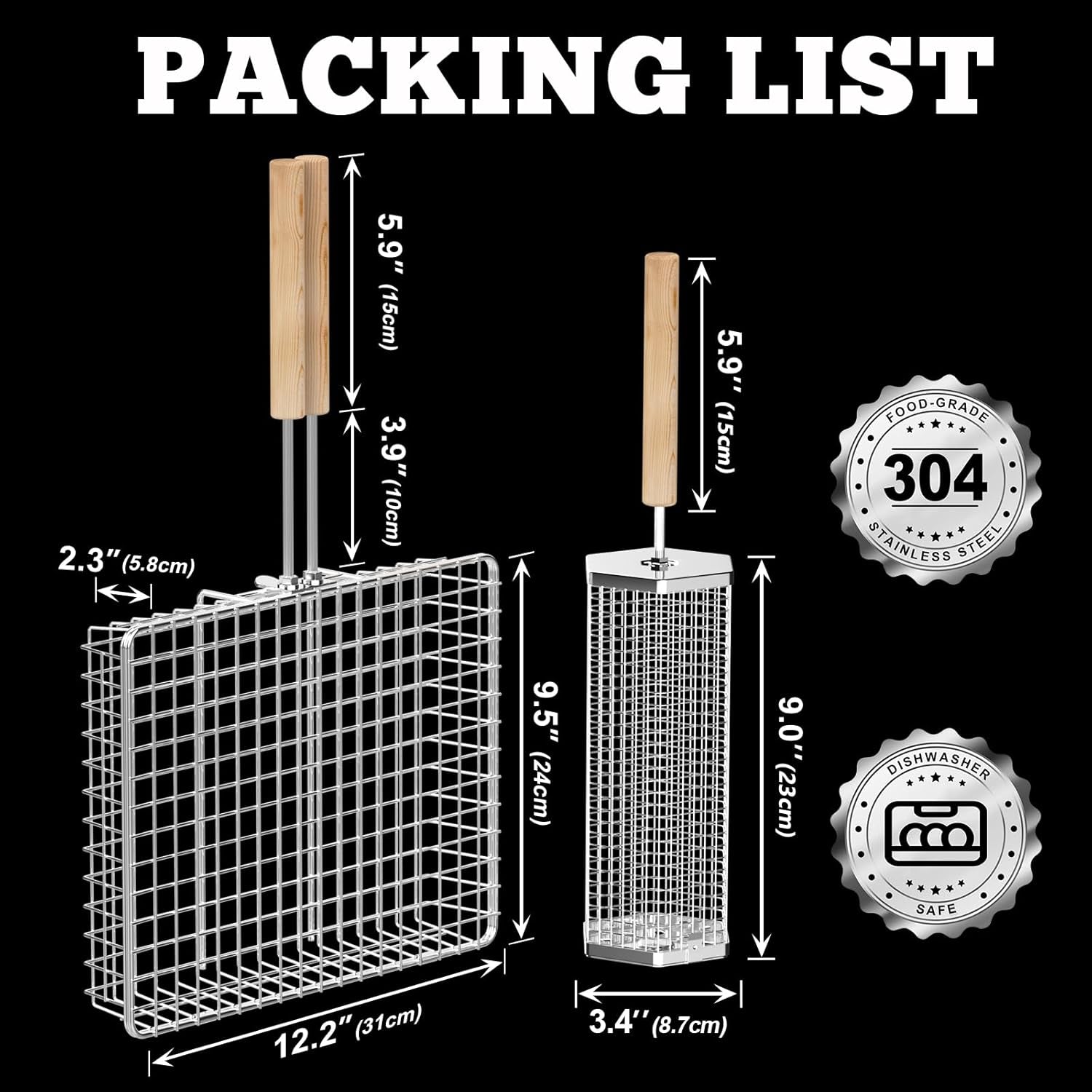 Grill Basket Set(Rectangular+Hexagon). Removable Wooden Handle. 304 Stainless Steel. Rolling Grilling Net. BBQ Accessories Tools for Vegetables Shrimp. Outdoor Cooking Camping. Birthday Gifts for Men Dad Husband - Image 2