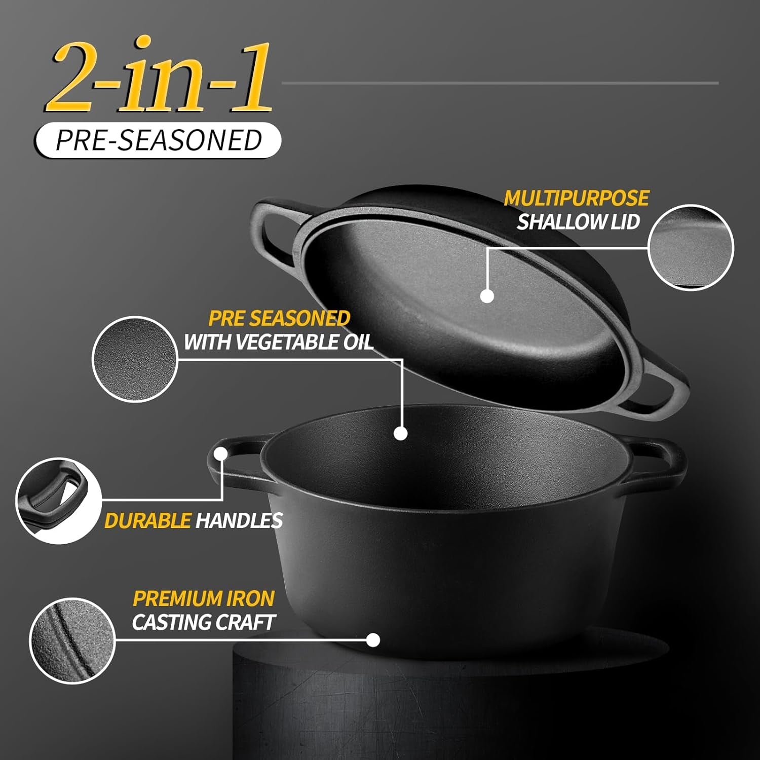 2-In-1 Pre-Seasoned Cast Iron Dutch Oven Pot with Skillet Lid Cooking Pan. Cast Iron Skillet Cookware Pan Set with Dual Handles Indoor Outdoor for Bread. Frying. Baking. Camping. BBQ. 5QT - Image 2