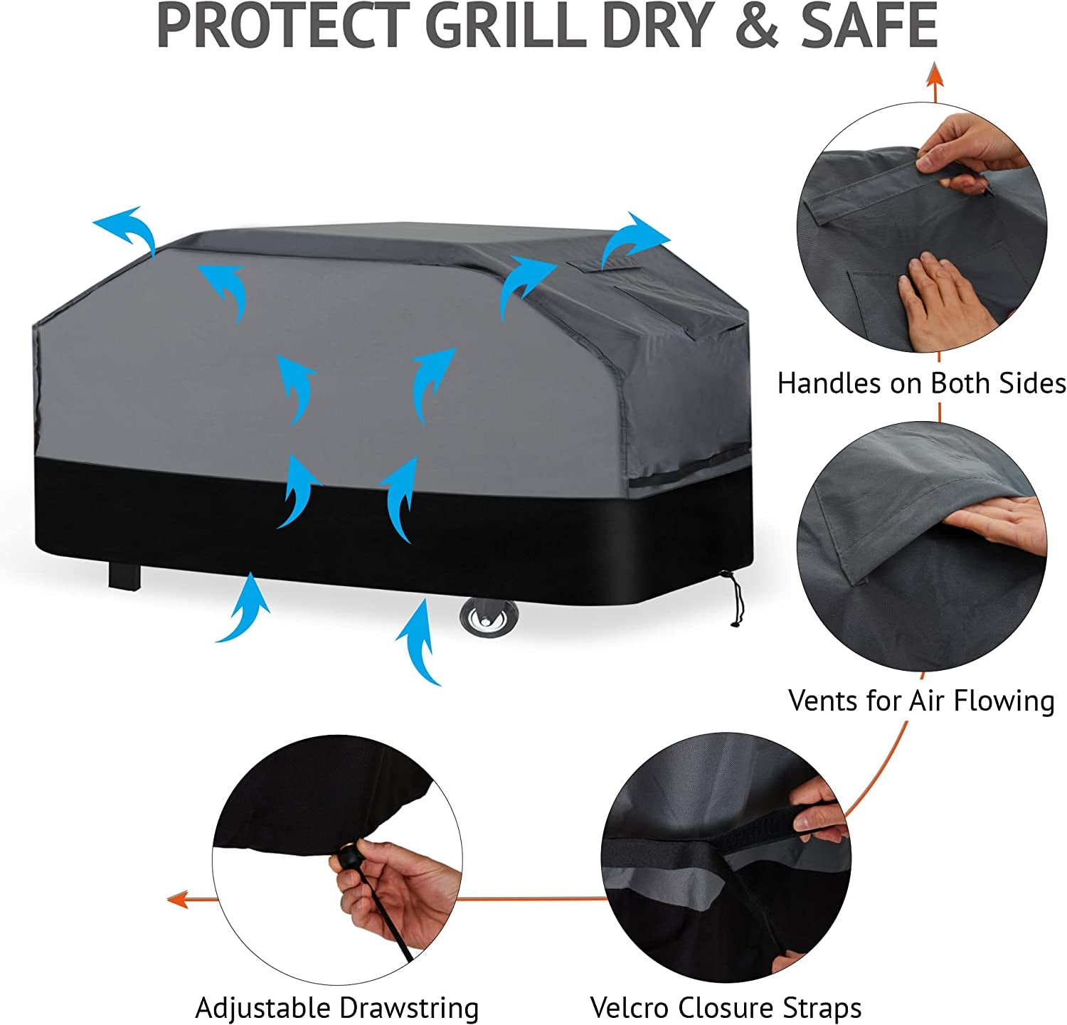 Waykea Heavy Duty Grill Cover 65 Inch. 600D Oxford Waterproof UV & Fade Resistant BBQ Cover for Weber Char-Broil Dyna Glo Nexgrill Charcoal Gas Grill (65W X 26D X 45H. Gray/Black) - Image 6