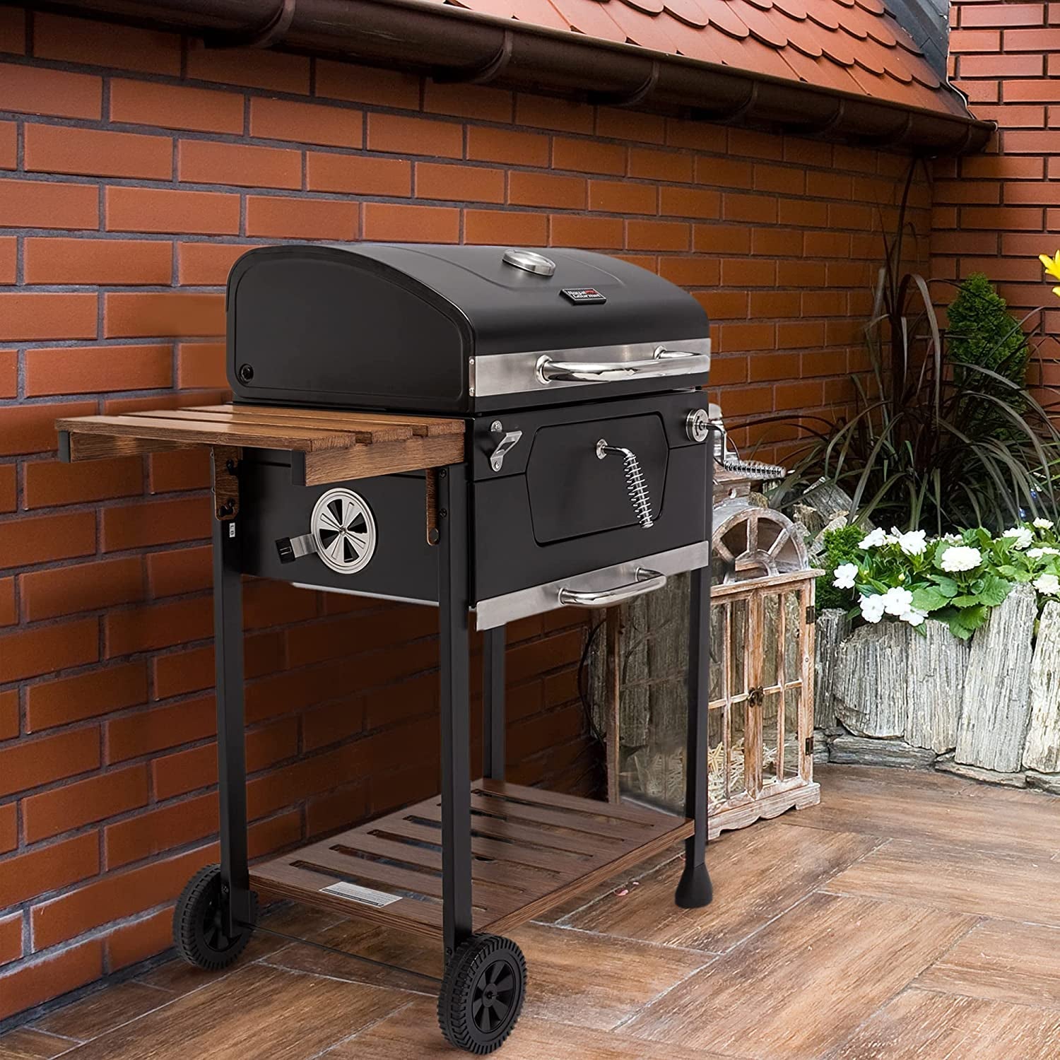 CD1824M 24-Inch Charcoal Grill. BBQ Smoker with Handle and Folding Table. Perfect for Outdoor Patio. Garden and Backyard Grilling. Black. Medium - Image 2