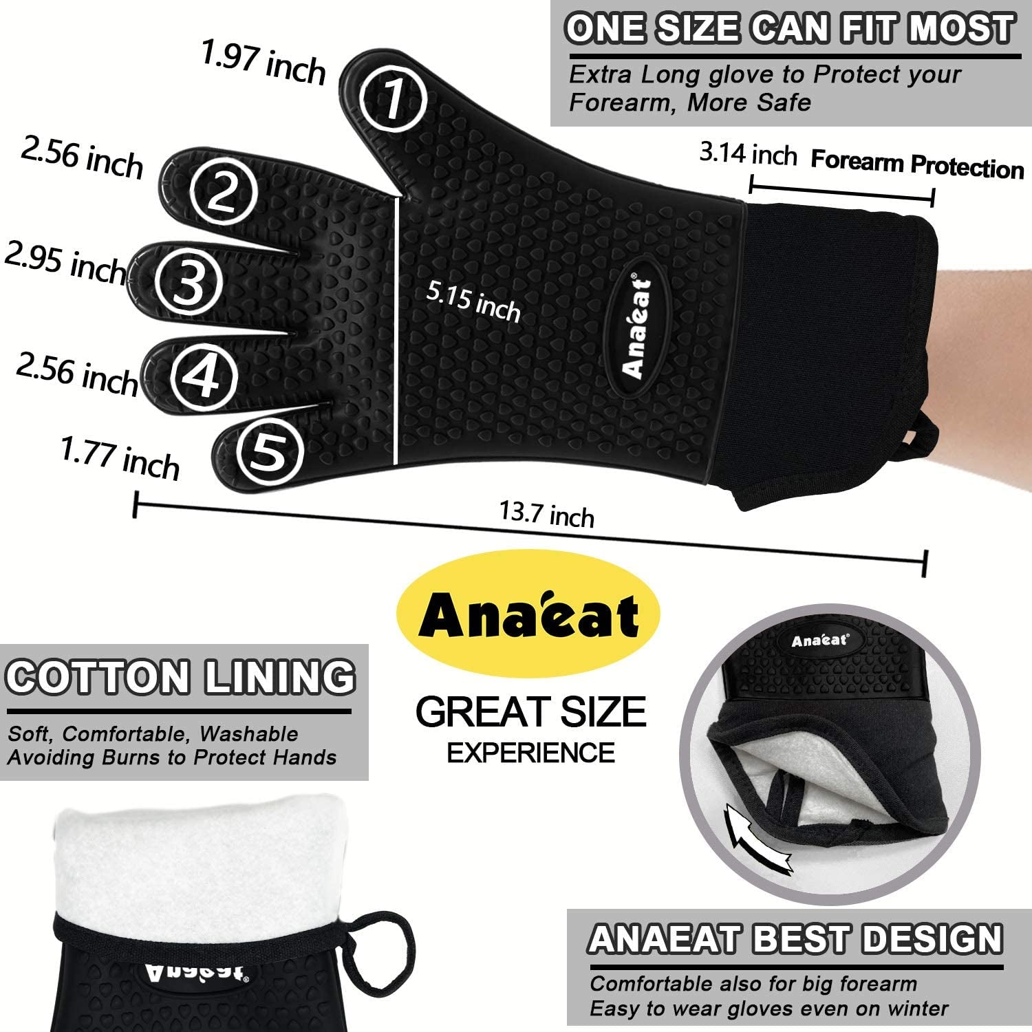 Anaeat BBQ Grilling Gloves Heat Resistant. Versatile Waterproof Cooking Gloves - 100% Cotton Lining Silicone Oven Mitts. Flexible Potholder for Barbecue. Baking - Thick Long Wrist Protection (Black) - Image 6