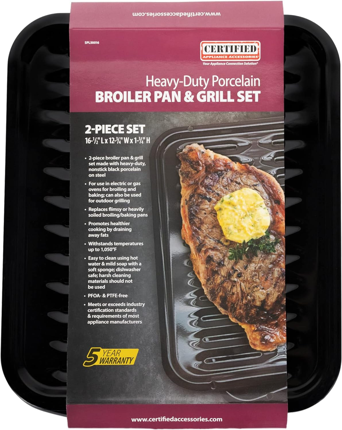 SPL50016 Large 2-Piece Broiler Pan & Grill Set Porcelain-On-Steel 16-1/2X12-3/4X1-3/4 Broiler Pan for Oven. Black - Image 4