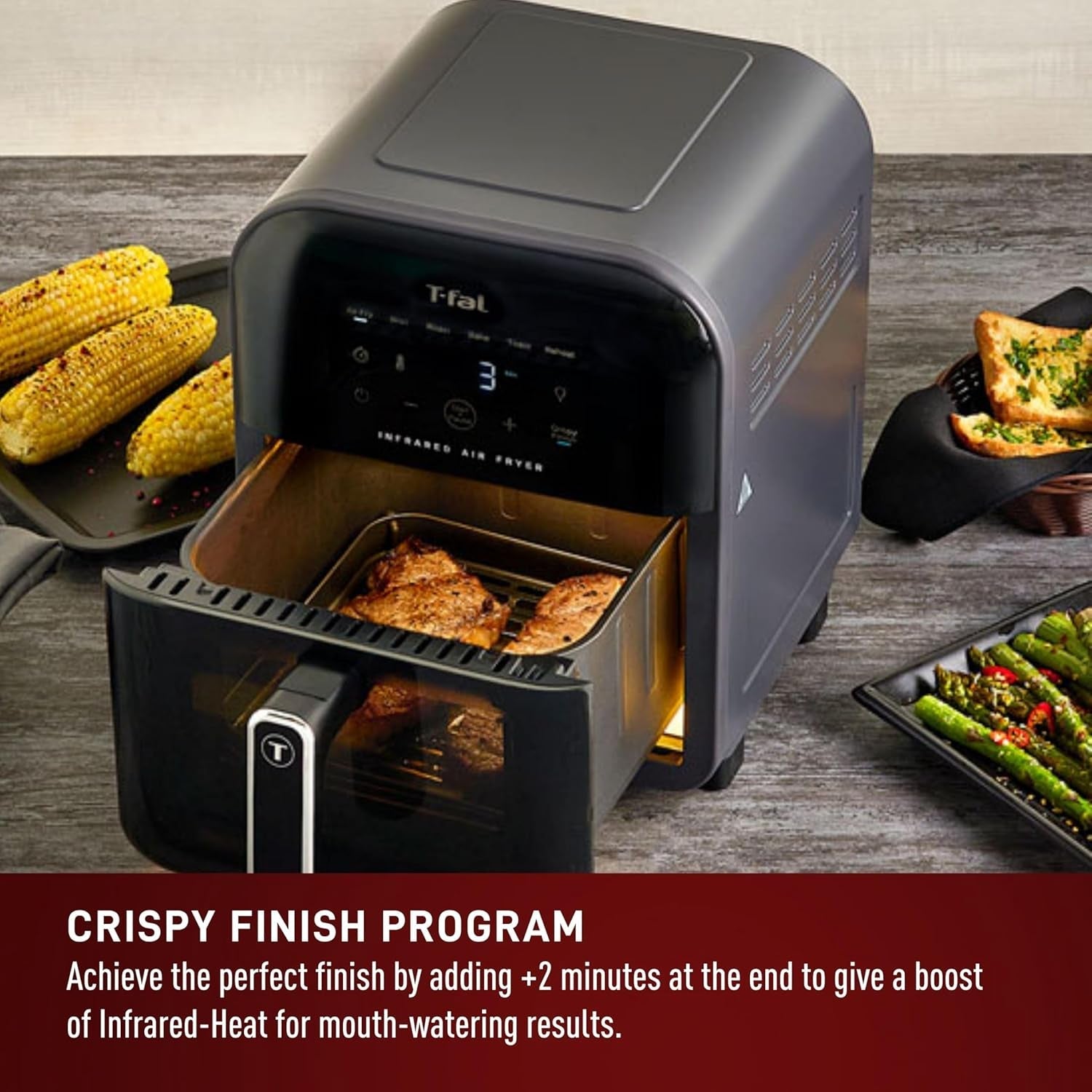 T-Fal Infrared Air Fryer: 6 Qt Digital Touch Screen. 7-In-1 Cooking Functions. 45-Seconds to Reach 750°F on Carbon Fiber Heater Surface. No-Shake Technology. Crispy Finish. 1550W. Black - Image 7