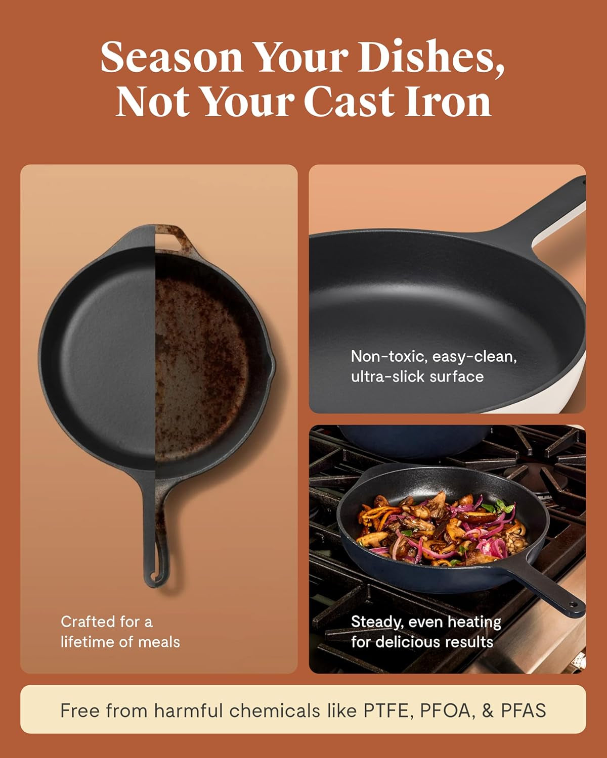 Caraway Cast Iron Skillet - 10.5 Enameled Cast Iron Pan with 3 Layer Enamel Coating - No Seasoning Required - Compatible with All Stovetops - Free from Forever Chemicals - Charcoal - Image 4