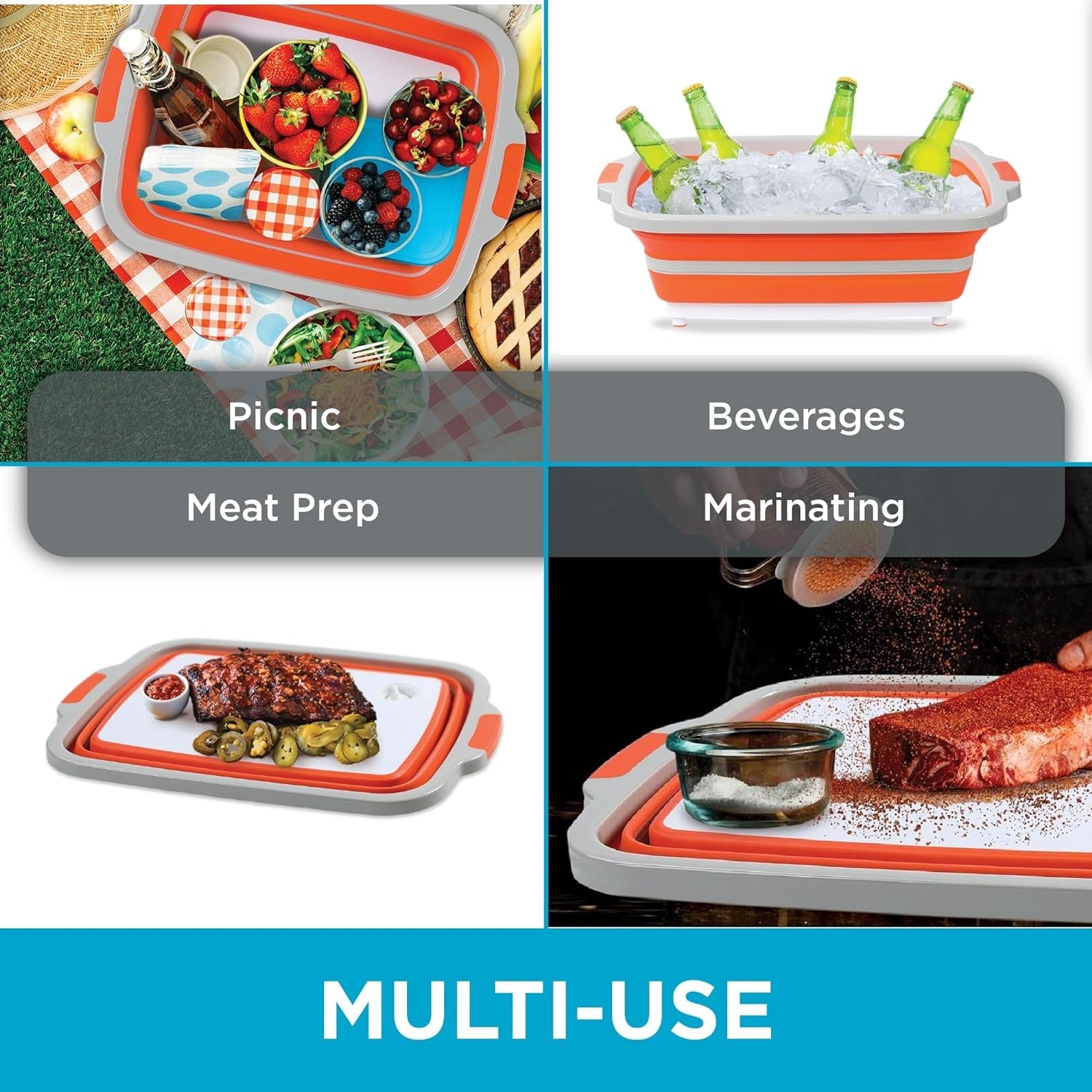 BIRDROCK HOME Large BBQ Collapsible Food Prep & Cutting Board and Grill Caddy Tub with Colander & Lid | 12.4 Quarts | Kitchen Veggie Washing Basket | Silicone Dish Bowl for Picnic. Tailgate. Camping - Image 6