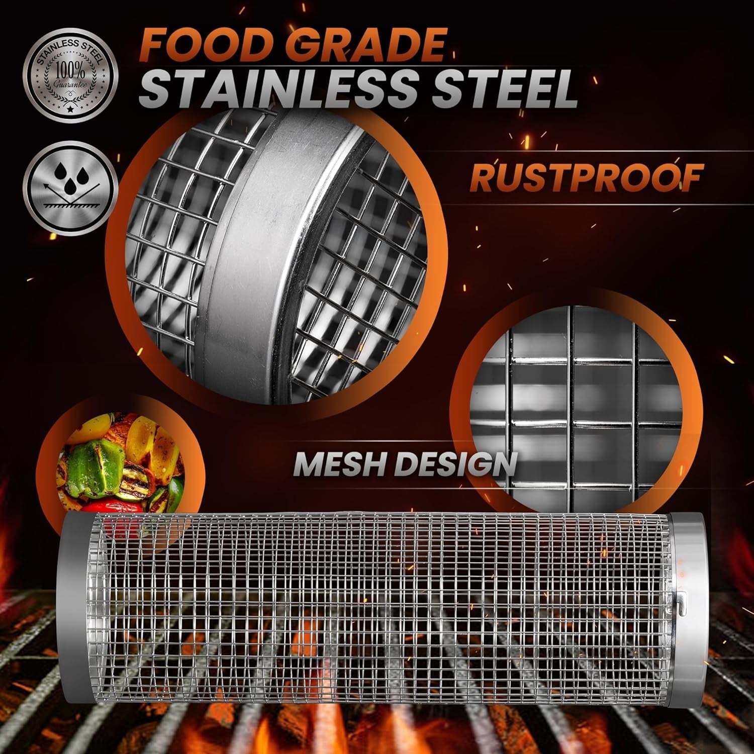 Rolling Grill Basket Set - Two BBQ Grilling Baskets. One Oil Brush. Fork and Hook. BBQ Grilling Accessories Set - Perfect Grill Accessories for Outdoor Grill or Campfire Grill Grate. Grill Pan Grill Tools Grilling Gifts - Image 2