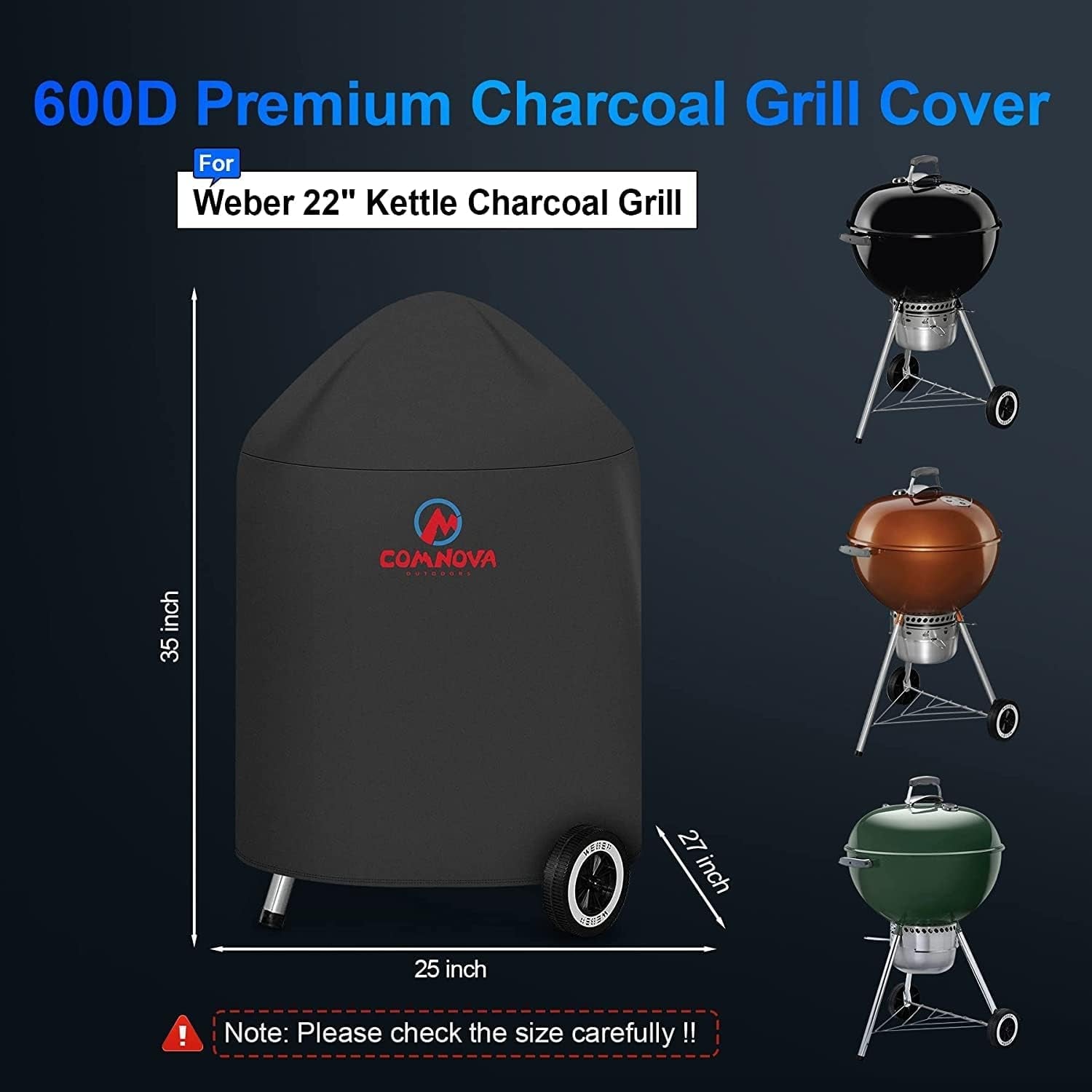 Comnova Charcoal Kettle Grill Cover - 600D BBQ Cover for Weber 22 Inch Charcoal Grill. Heavy Duty & Waterproof Covers for Weber 22 Inch Master Touch Charcoal Grill. Original Kettle Grill and More - Image 2