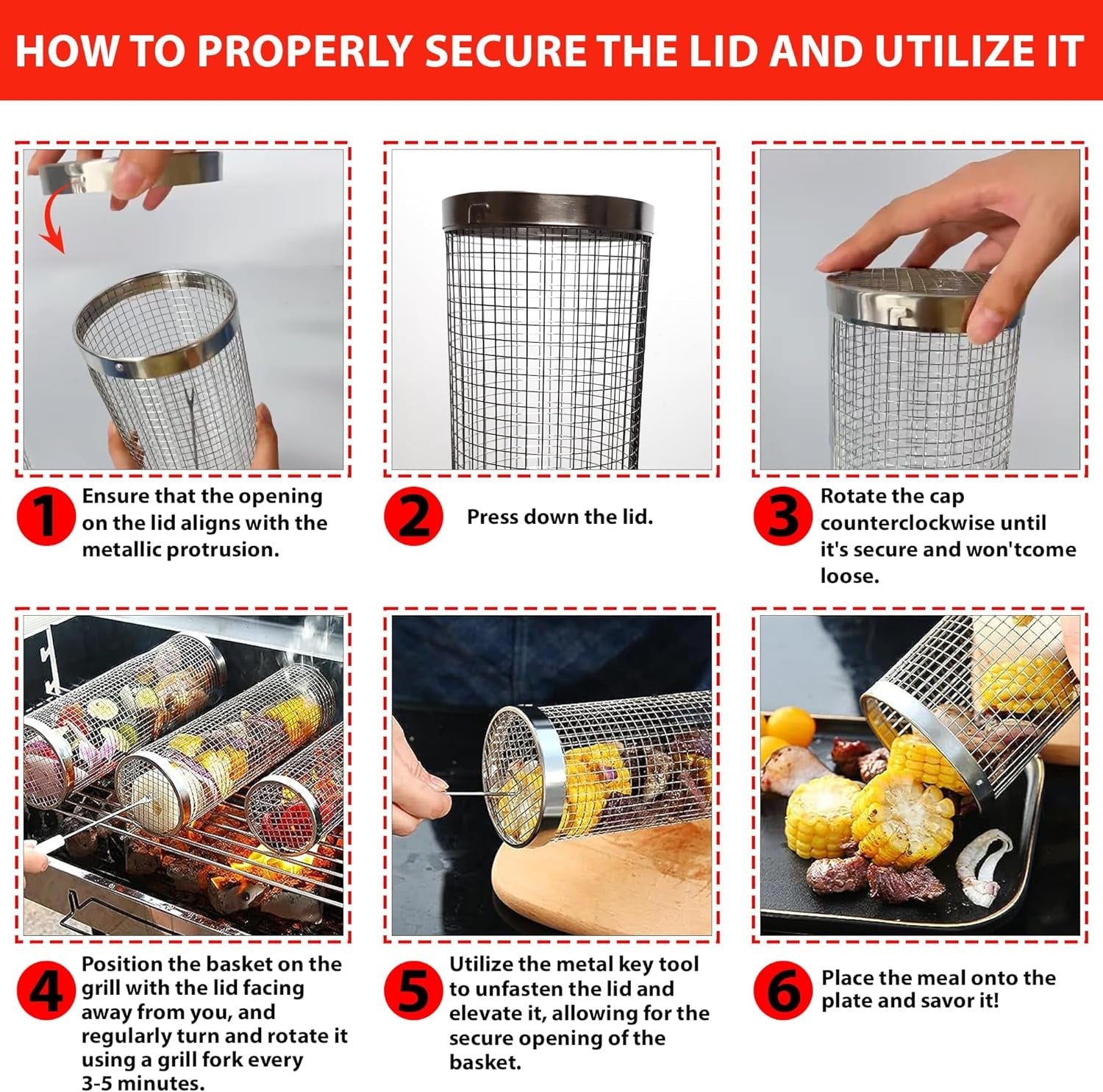 Sunmikosh Rolling Grilling Basket - Barbecue Portable Roll Grill Basket for Outdoor Camping - Stainless Steel BBQ Net Tube Grill Basket. Suitable for Fish. Kabob. Meat. Vegetables. French Fries - Image 9