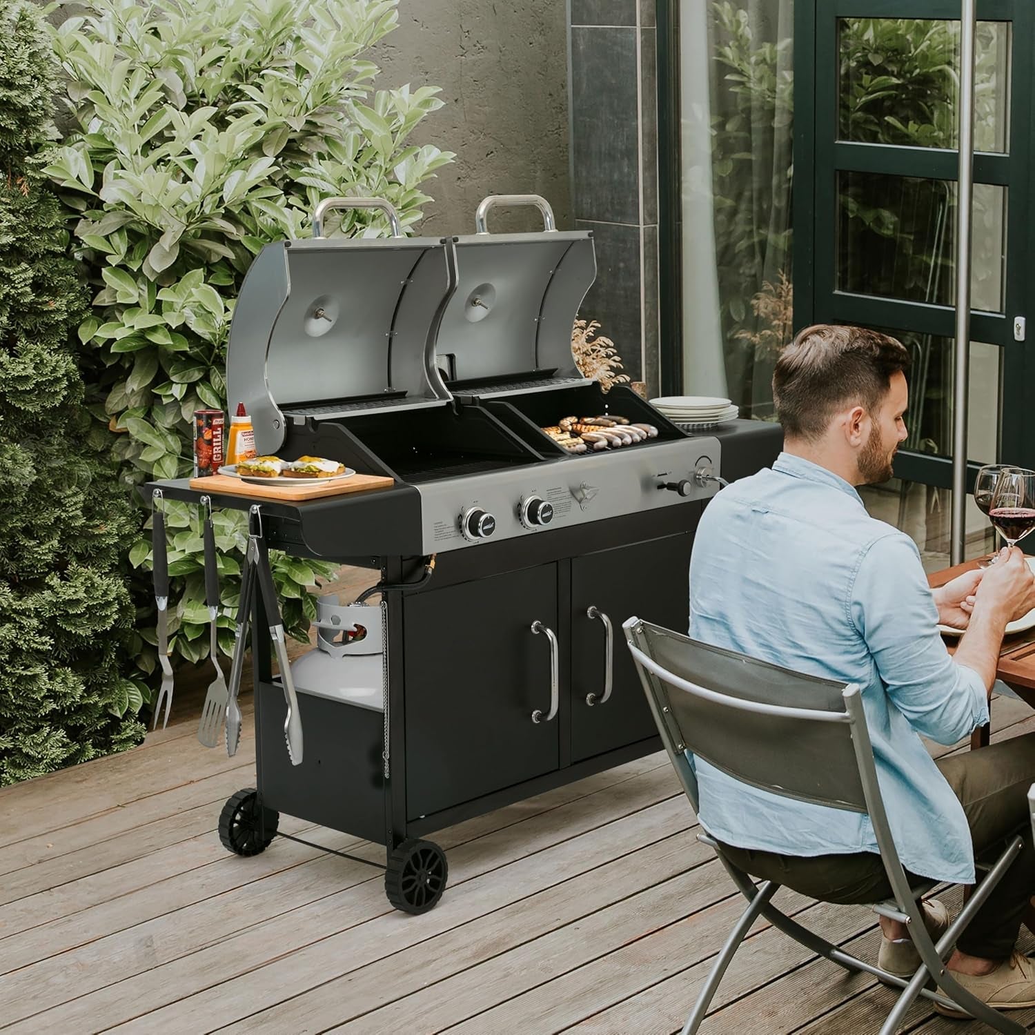 Royal Gourmet ZH3002N Propane Gas and Charcoal Grill Combo. Dual Fuel BBQ Grill with 2 Side Shelves for Outdoor Patio Garden Backyard Barbecue. 20.000 Btus. Silver & Black - Image 11