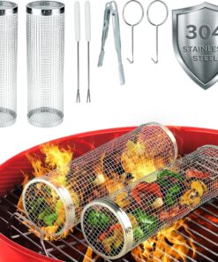 Mckay Rolling BBQ Grilling Basket Set | Portable. Durable Stainless Steel. Perfect for Barbecue & Outdoor Cooking- Rotating Grill Accessories Mesh Net Tube Cylinder for Delicious Meals. Veggies. 2 Pcs
