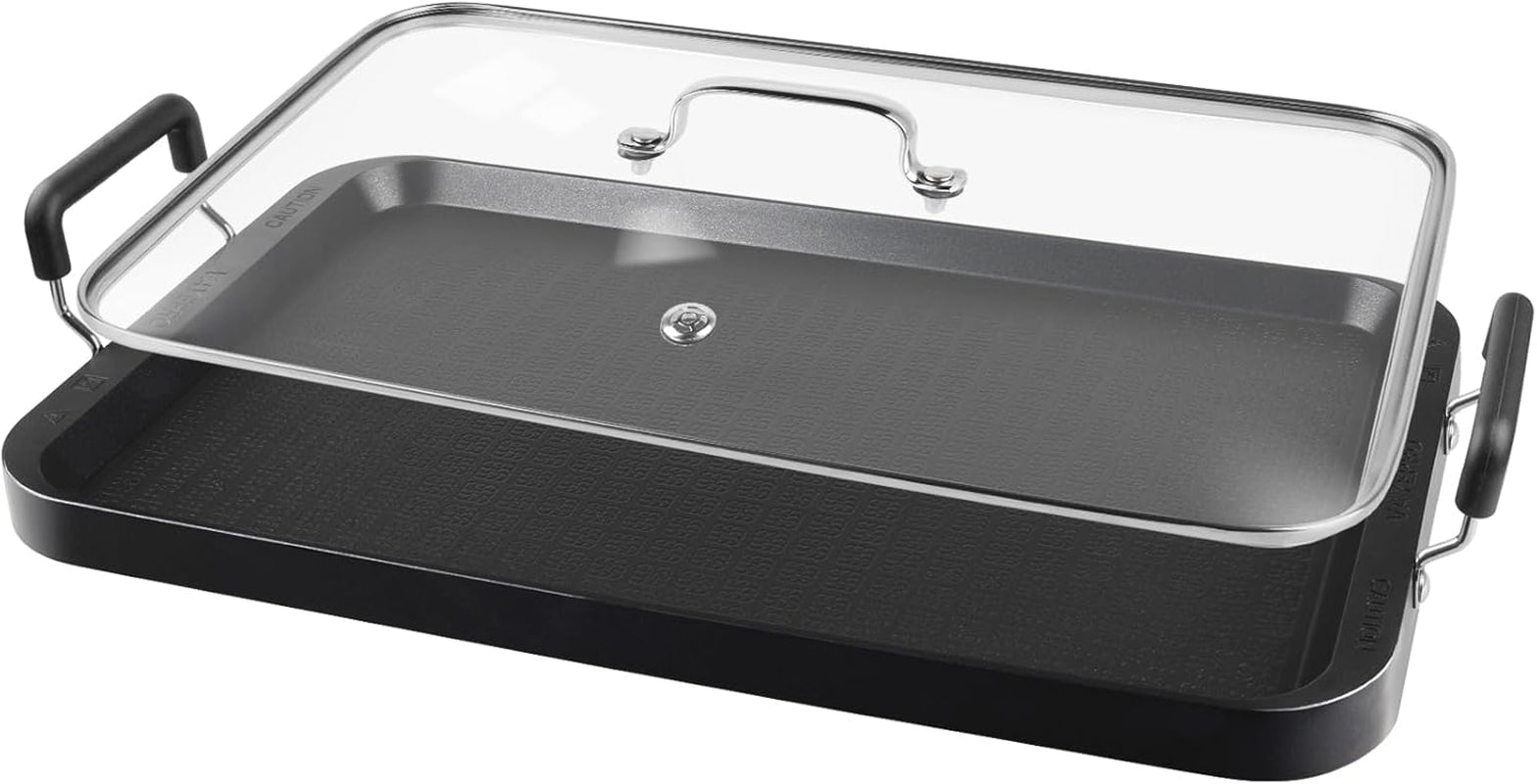 Vayepro 2 Burner Griddle Pan with Glass Lid. Stove Top Flat for Glass Stove Top. Aluminum Pancake. Non-Stick for Gas Grill. Double Burner Camping