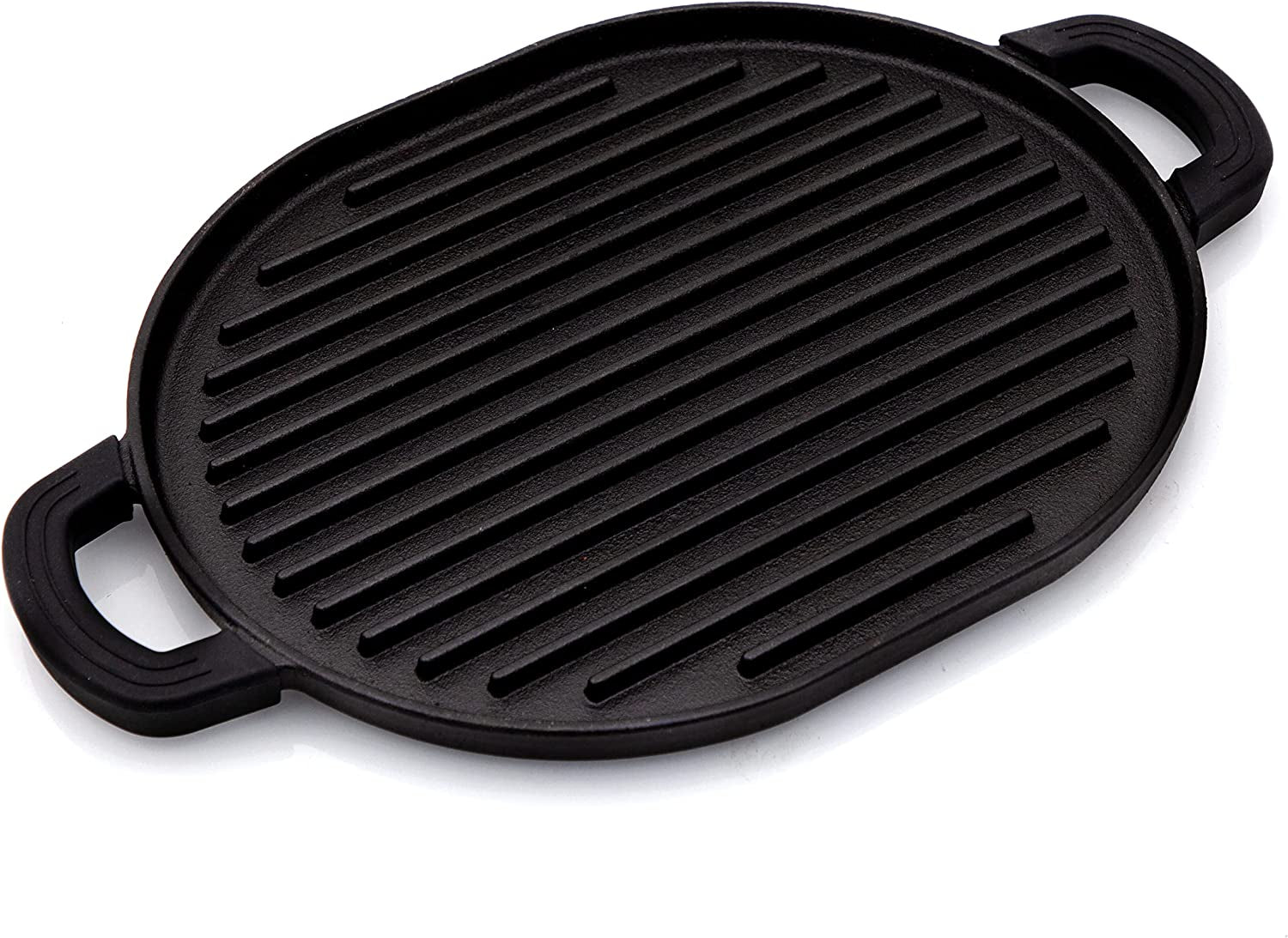 Cast Iron Grill. 12.42X10.21 Non-Stick Grilling Surface. Deep Grill Ridges. Pre-Seasoned. Stay-Cool Silicone Handles. Easy-To-Clean. Oven Safe. Stovetop. BBQ. Fire & Smoker. Induction-Ready