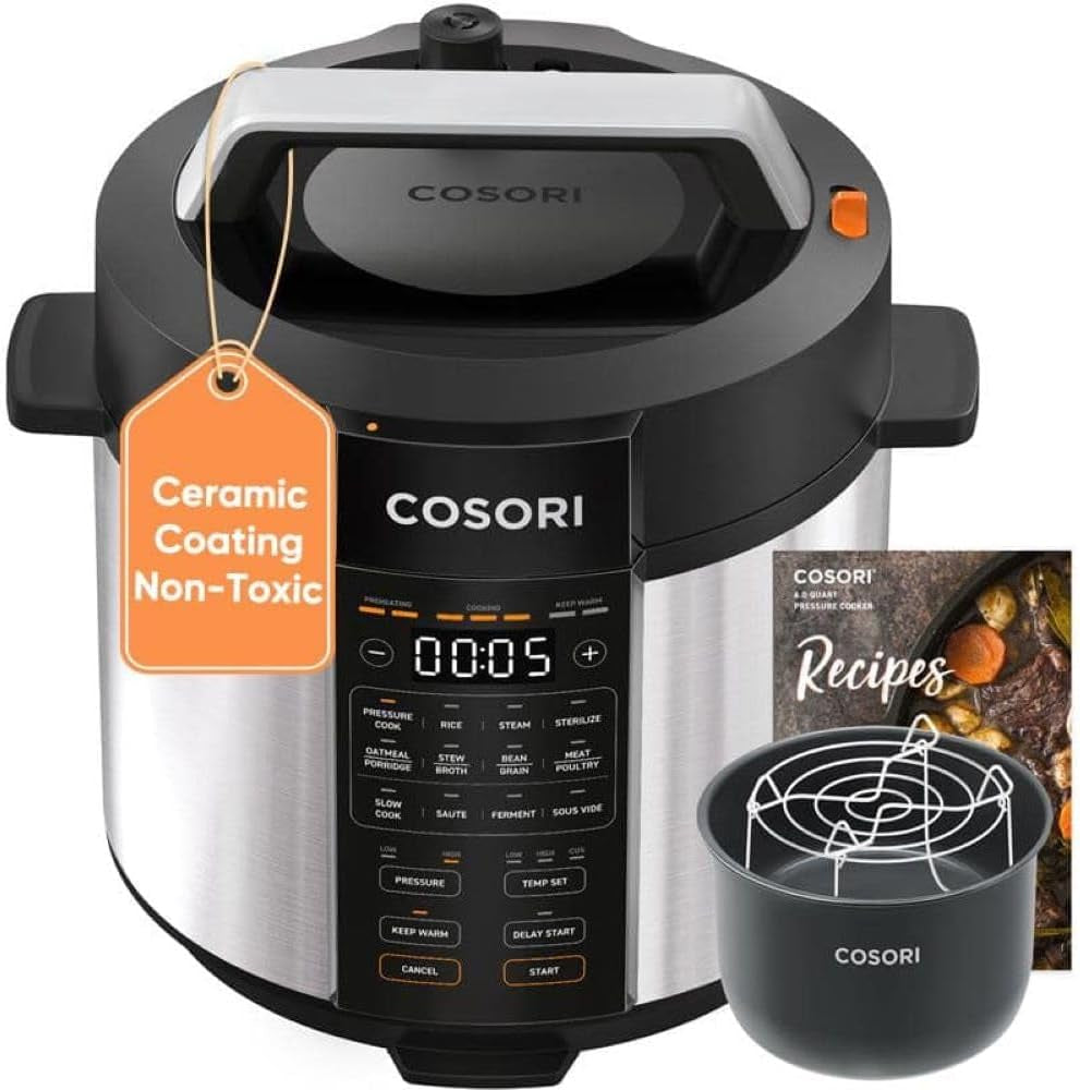 COSORI Pressure Cooker 6 Qt. 9-In-1 Instant Multi Kitchen Appliances. Safer Venting Design. Rice Cooker. Slow Cooking Pot. Sous Vide. Saute Pot. 1100W. Stainless Steel