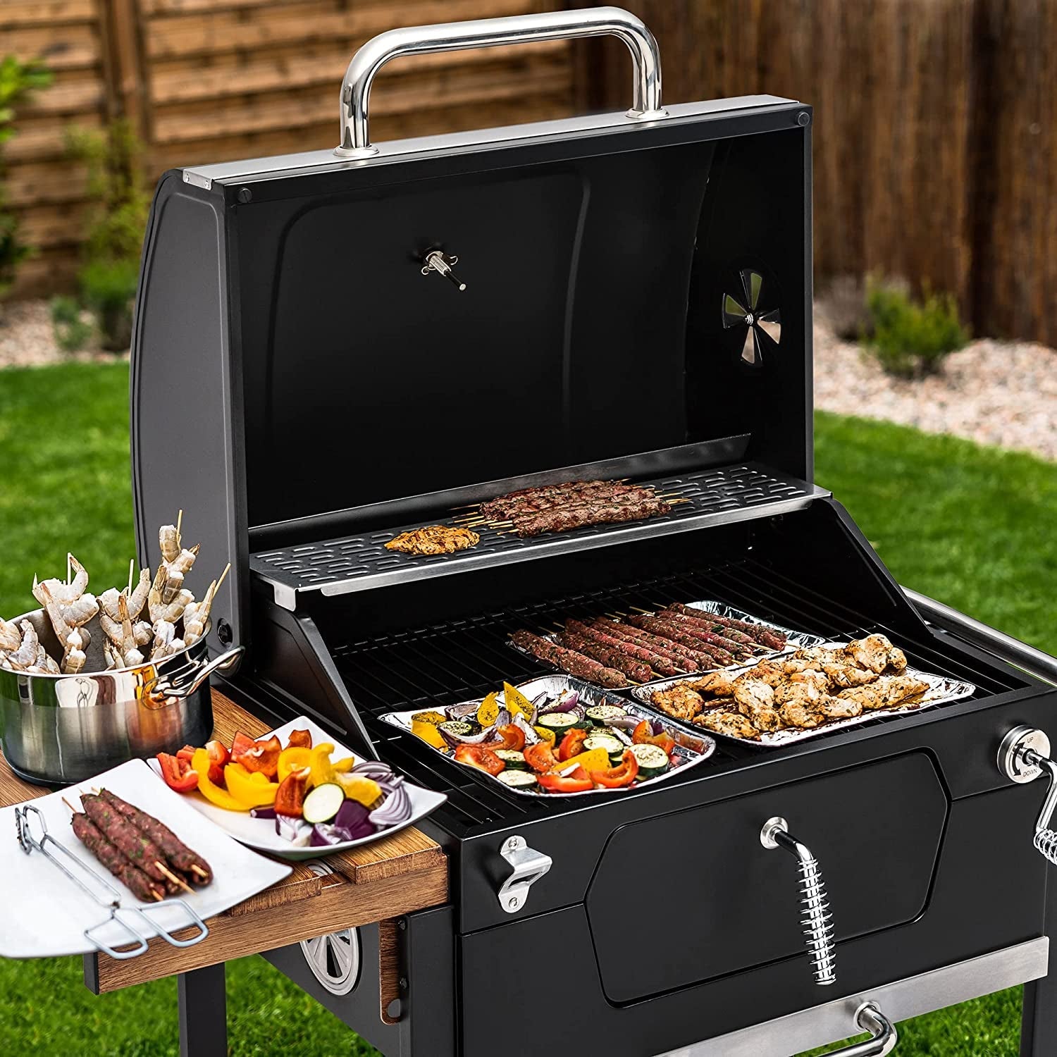 CD1824M 24-Inch Charcoal Grill. BBQ Smoker with Handle and Folding Table. Perfect for Outdoor Patio. Garden and Backyard Grilling. Black. Medium - Image 11