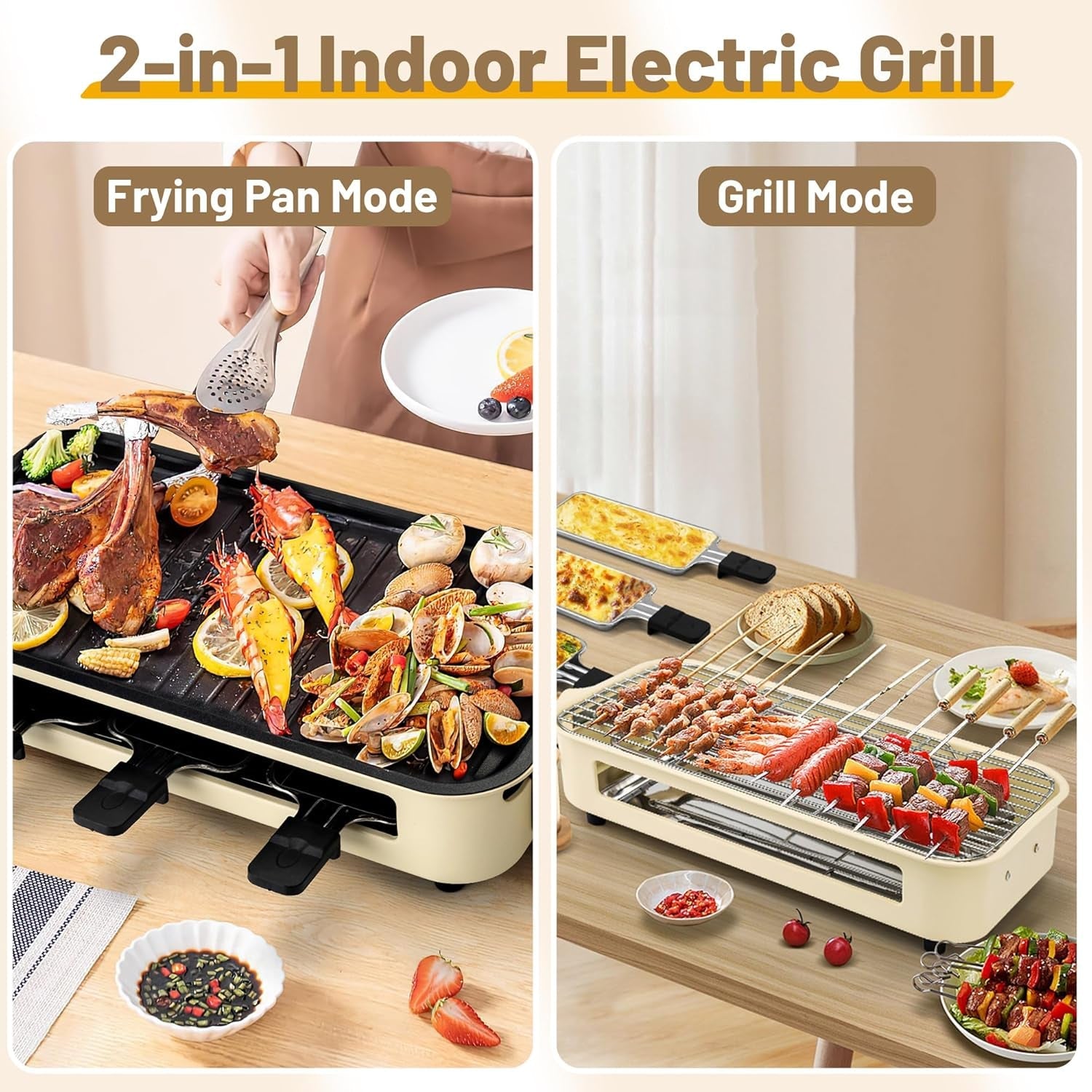 Pukomc Electric Indoor Grill.2 in 1 Indoor Grills for Kitchen with Grill Net & Non-Stick Cooking Removable Plate. Temperature Control. Dishwasher Safe. 1500W Smokeless Barbecue - Image 3