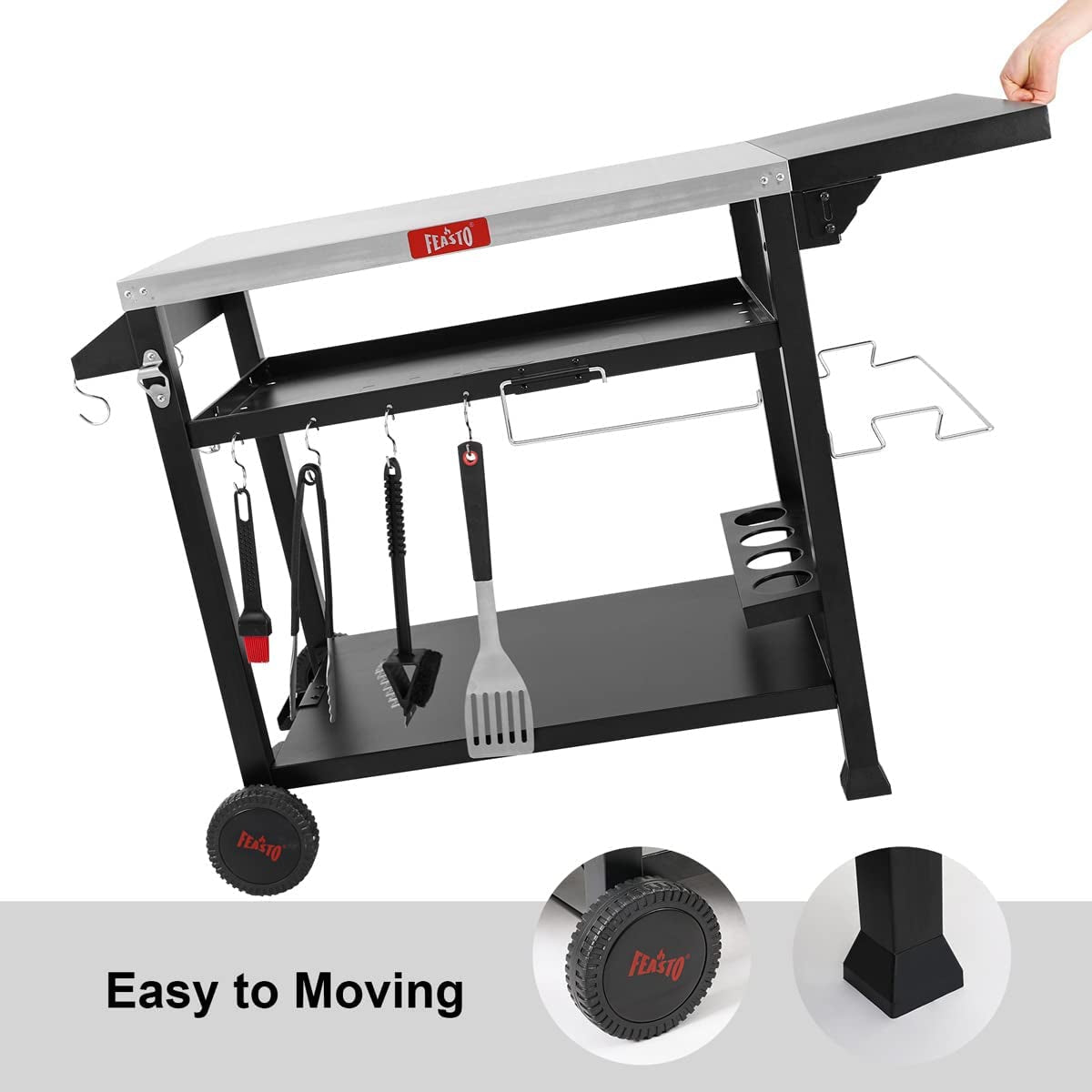 3-Shelf Movable Food Prep Table. Pizza Oven Table. BBQ Grilling Table.Grill Cart with Side Table. Home & Outdoor Stainless Steel Table Top Grill Tables on 2 Wheels. L50 Xw21.7 Xh33 - Image 4