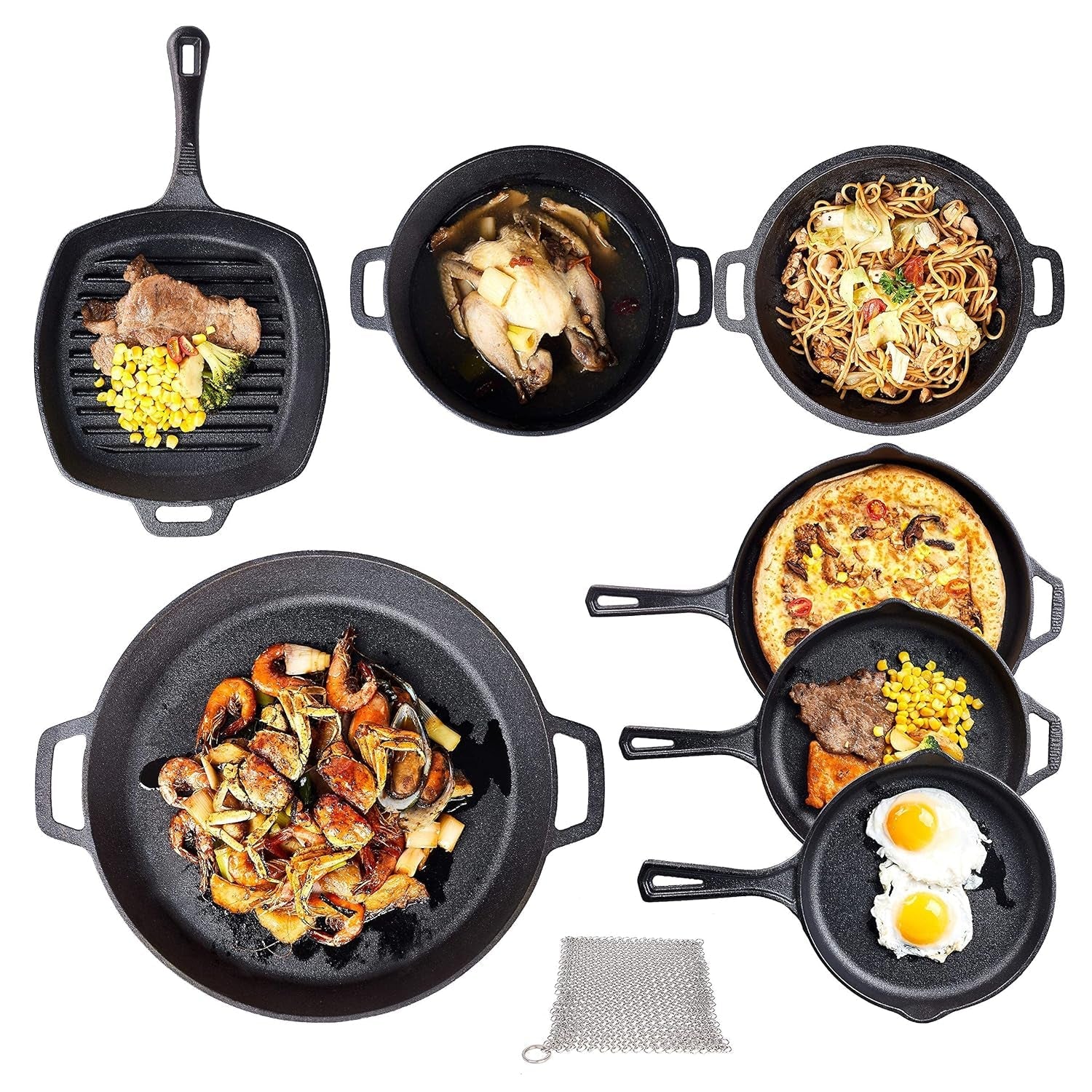 Bruntmor Pre-Seasoned Cast Iron Cookware Set - 8-Piece Bundle with Skillets. Grill Pan. Dutch Oven. Pizza Pan. and Utensils - Durable Pots and Pans Set for Cooking - Ideal Gift for Home or Camping - Image 6