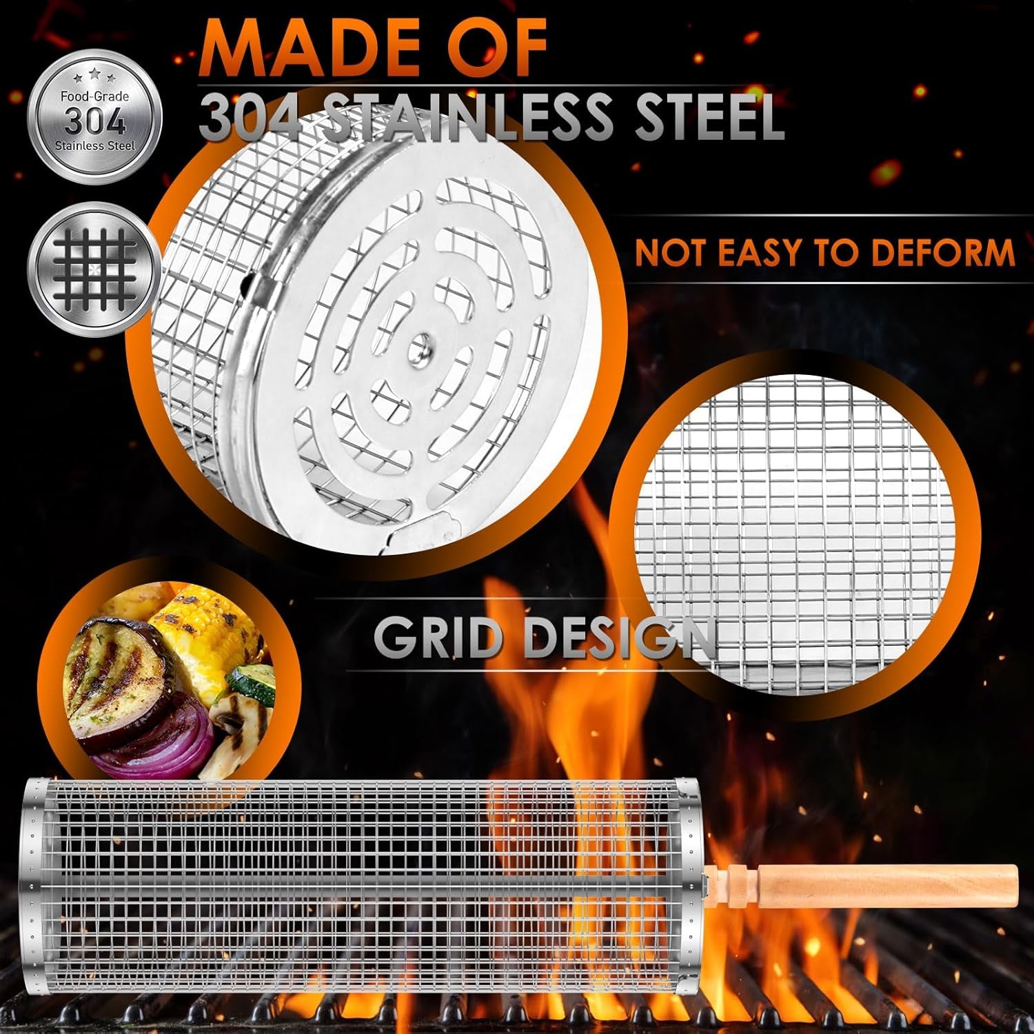 Rolling Grill Baskets for Outdoor Grill. Nesting Grill Baskets with Wood Handle Stainless Tube round Rolling Grill Net Rolling Basket for BBQ Cooking Camping - Image 4
