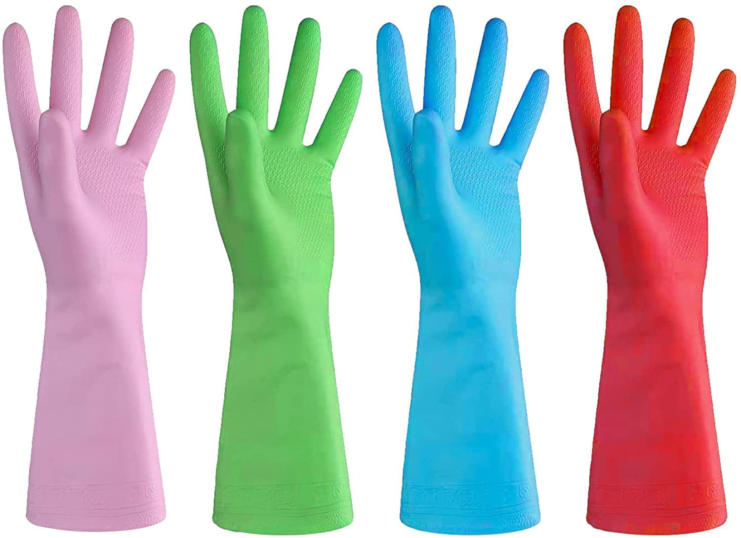 Dishwashing Rubber Gloves for Cleaning – 4 Pairs Household Gloves Including Blue. Pink. Green and Red. Non Latex and Fit Your Hands Well. Great Kitchen Tools